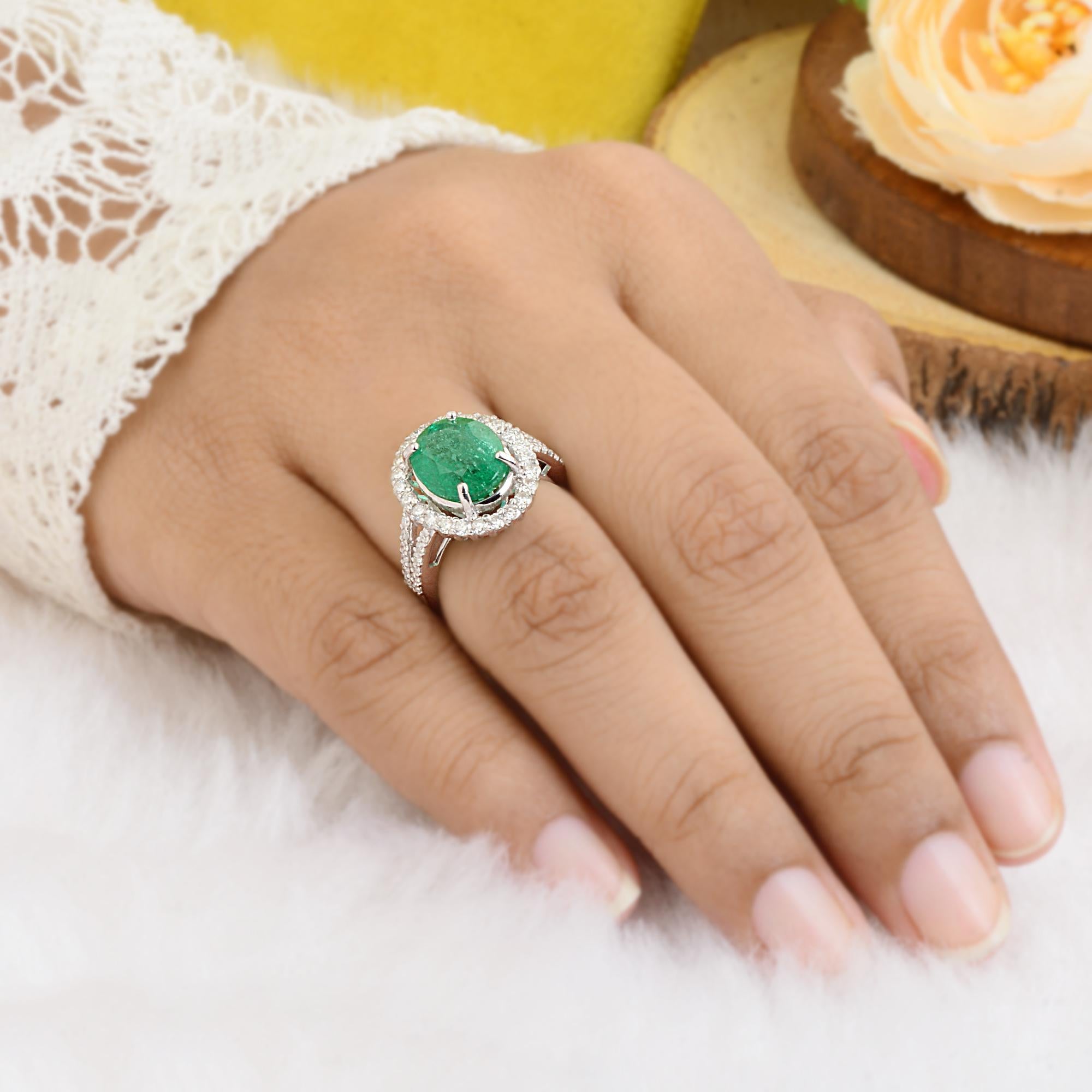 Oval Cut Oval Shape Emerald Gemstone Cocktail Ring Diamond 10 Karat White Gold Jewelry For Sale