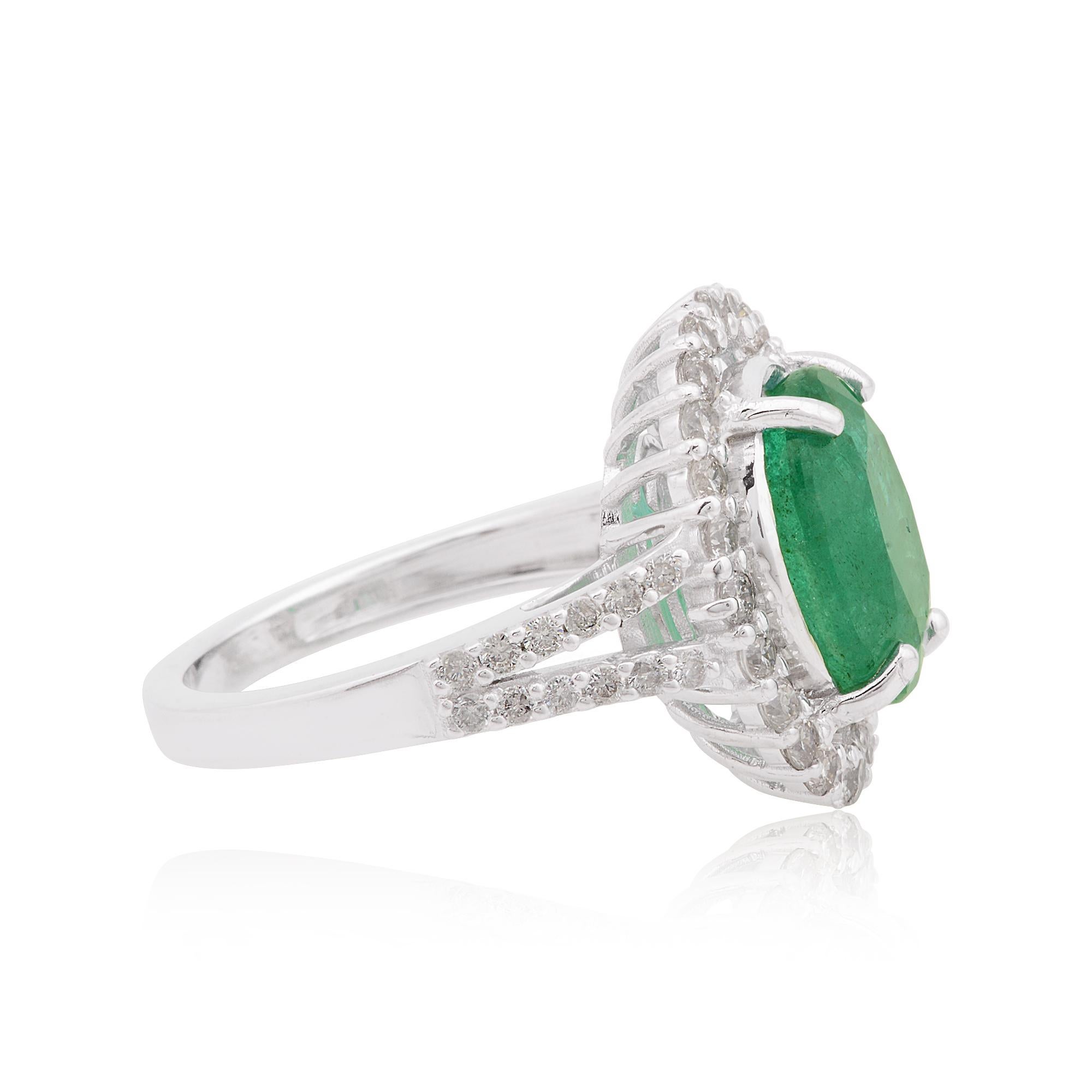 Women's Oval Shape Emerald Gemstone Cocktail Ring Diamond 10 Karat White Gold Jewelry For Sale