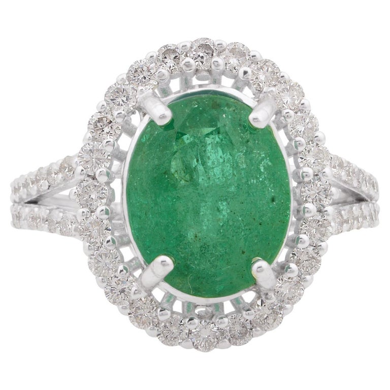 Oval Shape Emerald Gemstone Cocktail Ring Diamond 10 Karat White Gold
