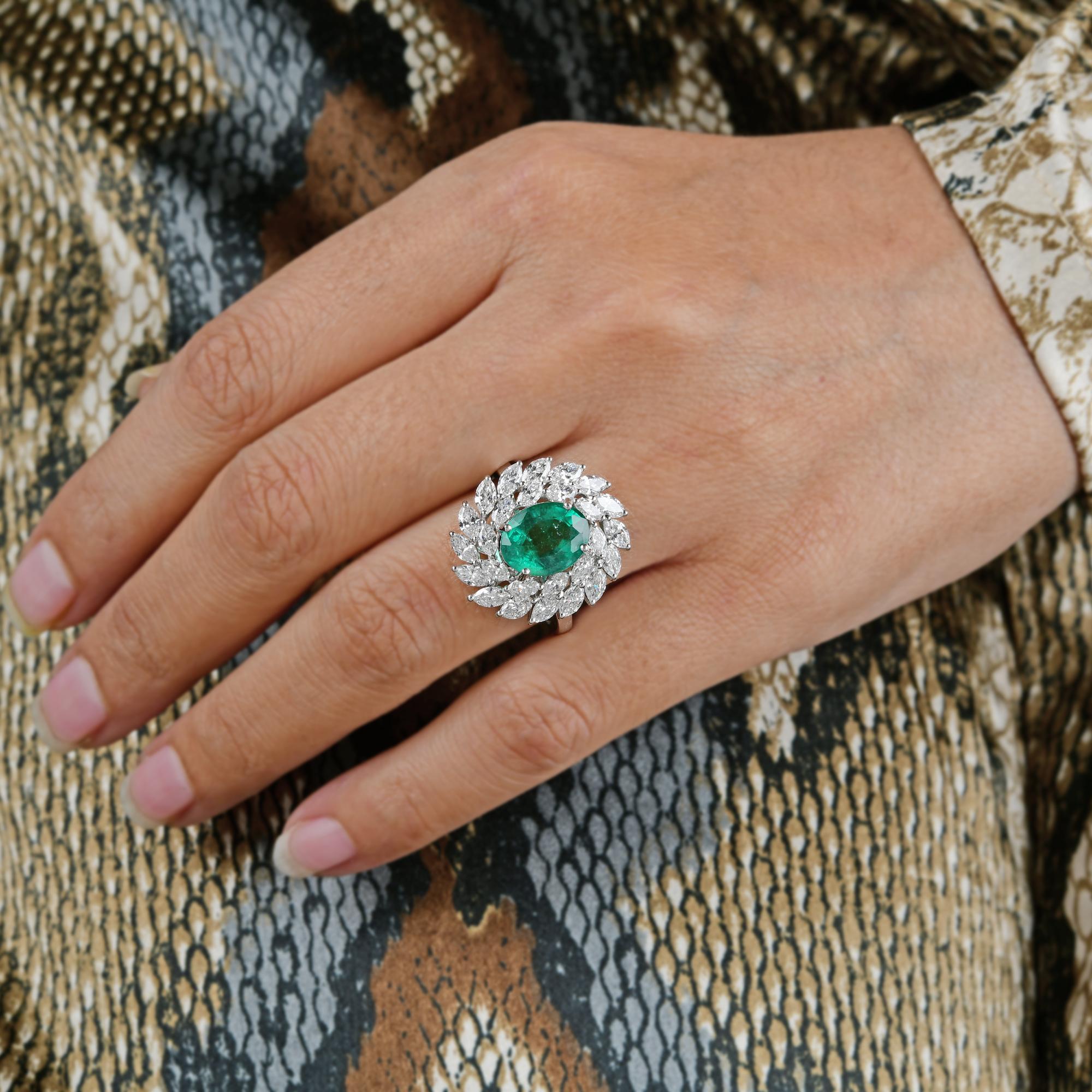 Oval Cut Oval Shape Emerald Gemstone Cocktail Ring Diamond 18 Karat White Gold Jewelry For Sale