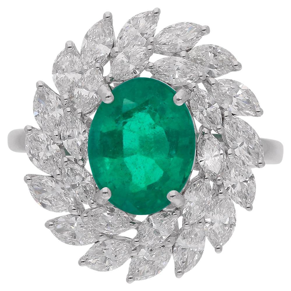 Oval Shape Emerald Gemstone Cocktail Ring Diamond 18 Karat White Gold Jewelry For Sale