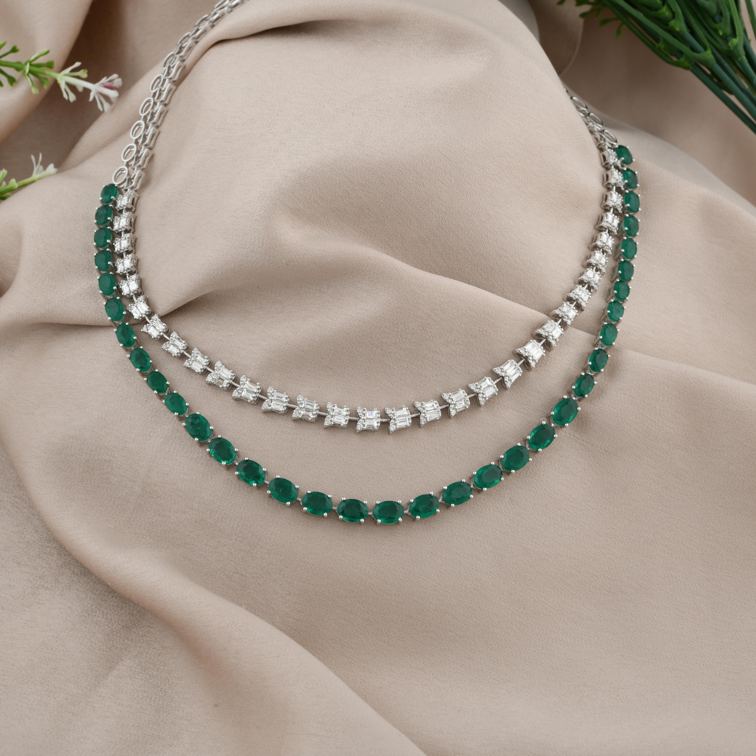 Modern Oval Shape Emerald Gemstone Fine Necklace Baguette Diamond 14 Karat White Gold For Sale