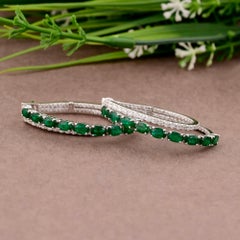 Oval Shape Emerald Gemstone Hoop Earrings Diamond 14 Karat White Gold Jewelry
