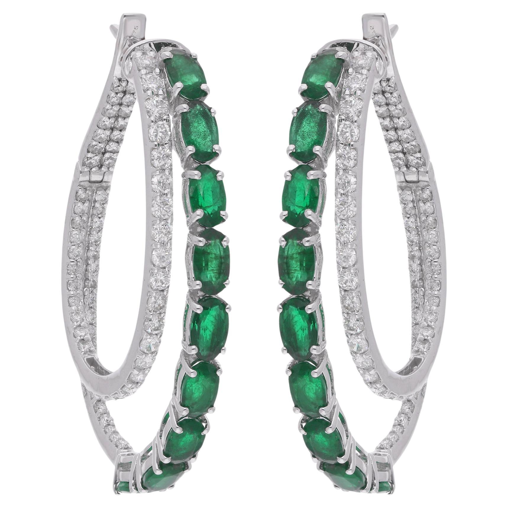 Oval Shape Emerald Gemstone Hoop Earrings Diamond 14 Karat White Gold Jewelry