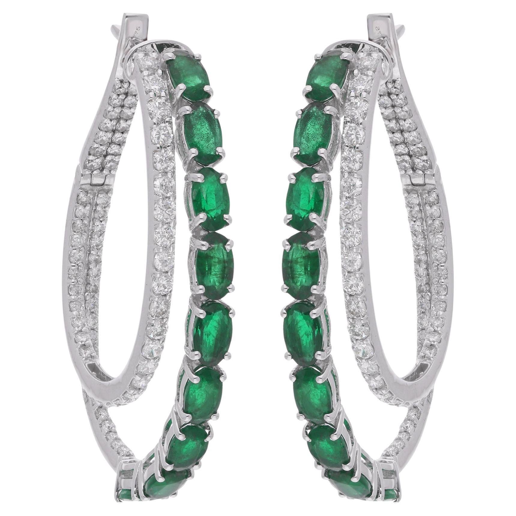 Ovale Form Smaragd Edelstein Hoop-Ohrringe Diamant 14 Karat Weißgold Schmuck