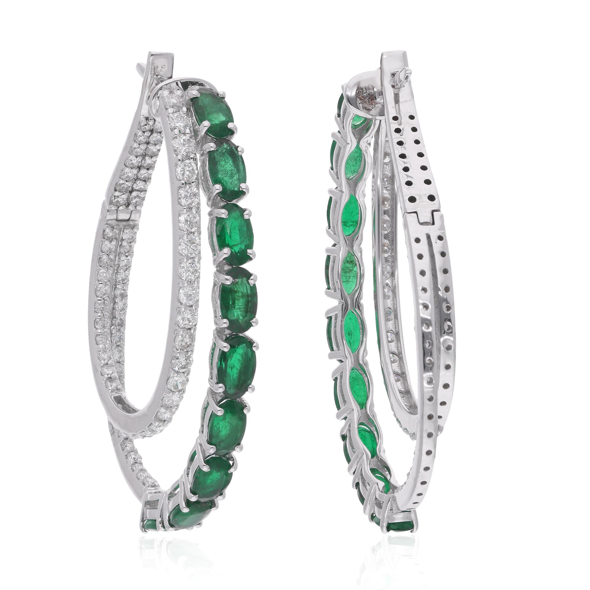 Modern Oval Shape Emerald Gemstone Hoop Earrings Diamond 18 Karat White Gold Jewelry For Sale
