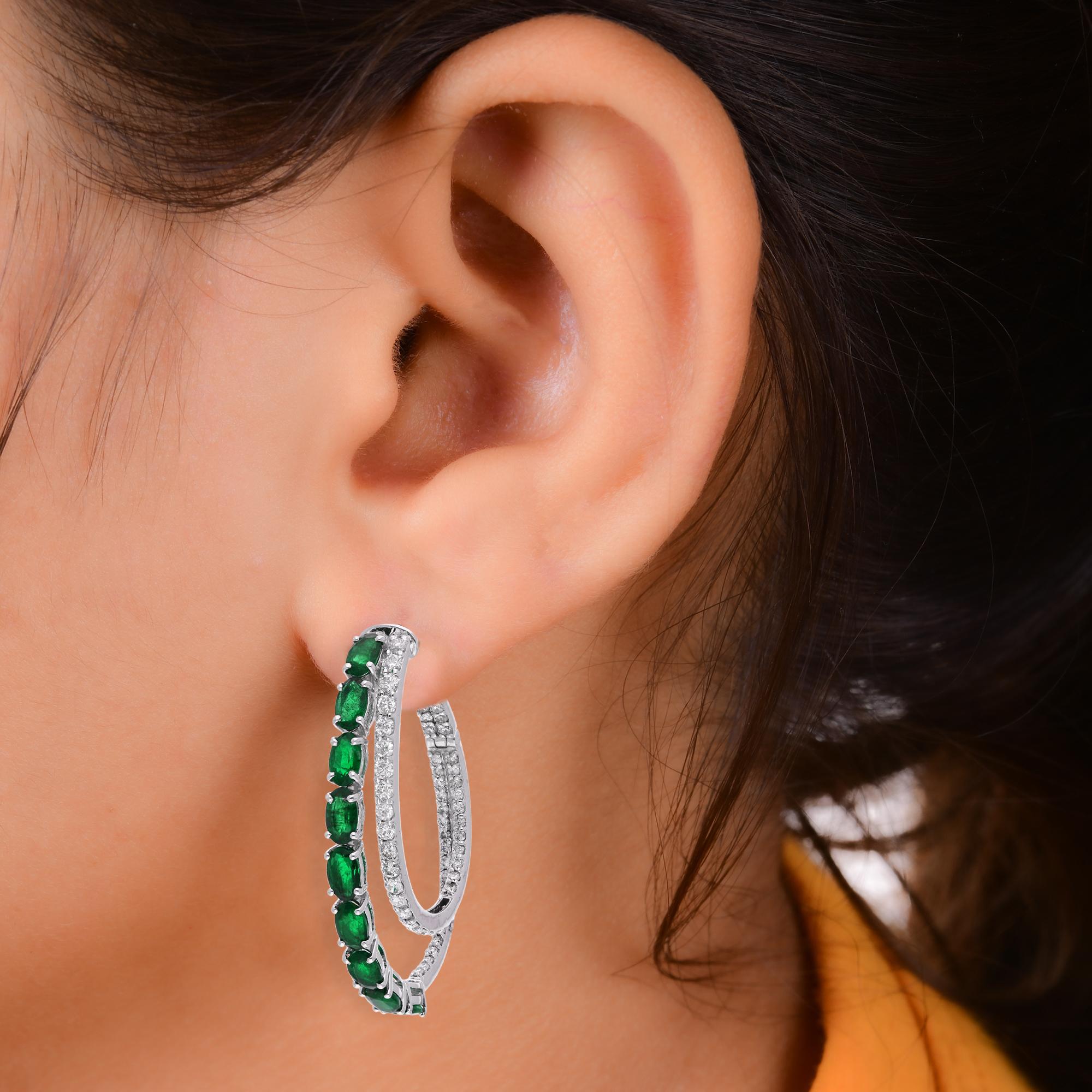 Oval Cut Oval Shape Emerald Gemstone Hoop Earrings Diamond 18 Karat White Gold Jewelry For Sale