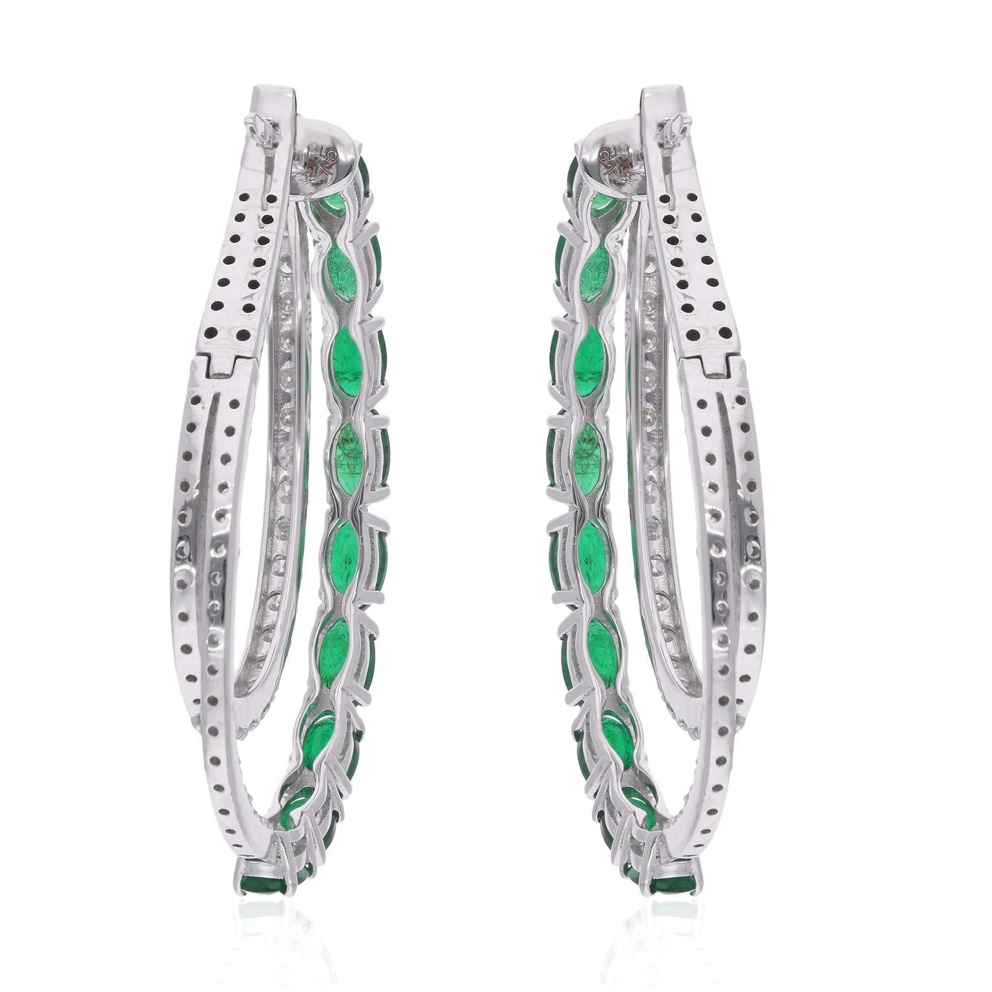 Ovale Form Smaragd Edelstein Hoop-Ohrringe Diamant 18 Karat Weißgold Schmuck Damen im Angebot