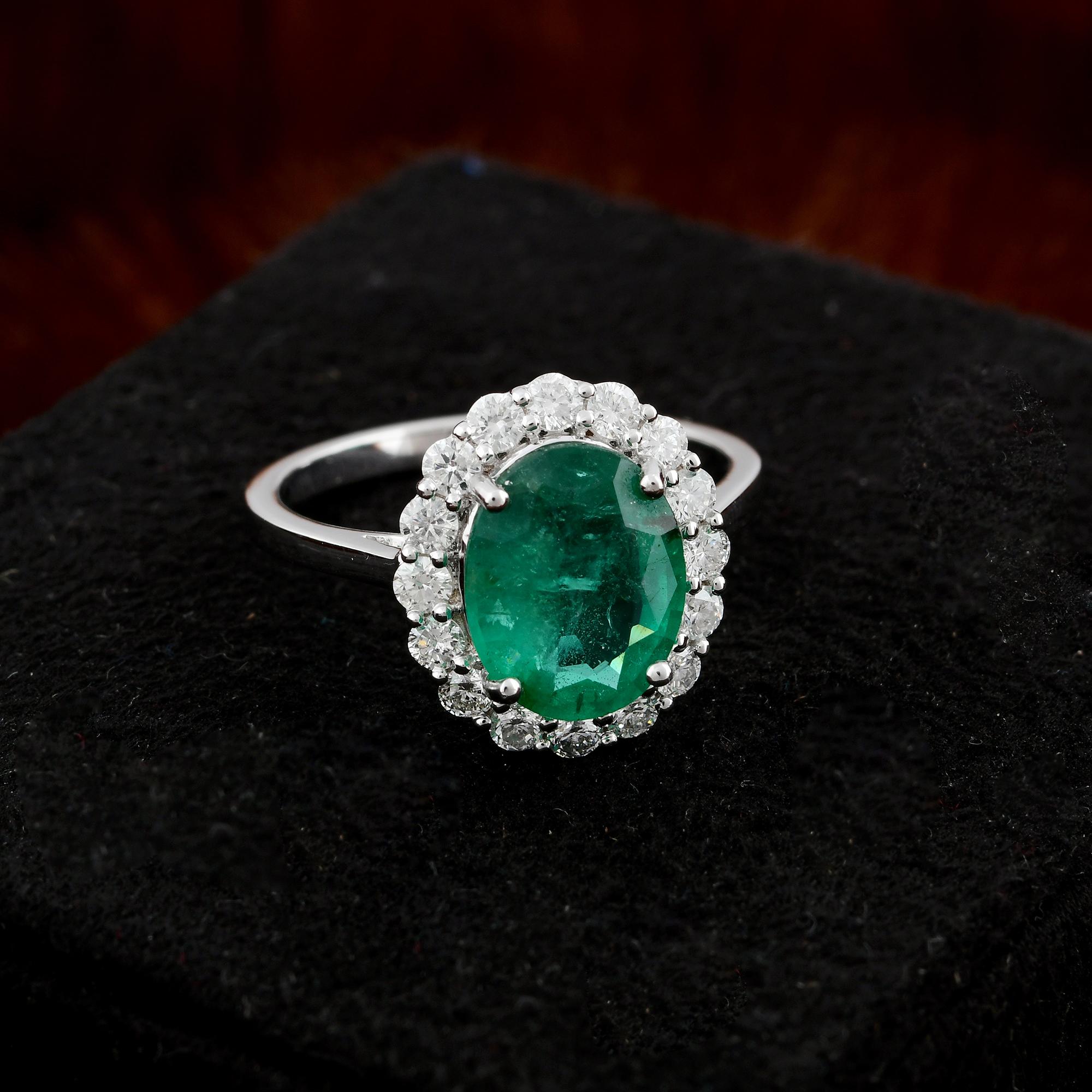 Modern Oval Shape Emerald Gemstone Ring Diamond 14 Karat White Gold Handmade Jewelry For Sale
