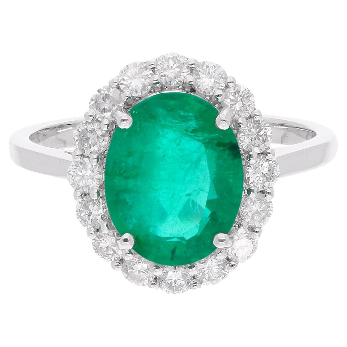 Oval Shape Emerald Gemstone Ring Diamond 14 Karat White Gold Handmade Jewelry For Sale