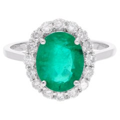 Oval Shape Emerald Gemstone Ring Diamond 14 Karat White Gold Handmade Jewelry