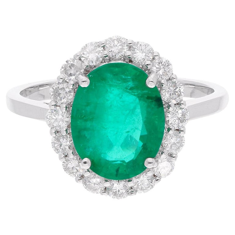 Oval Shape Emerald Gemstone Ring Diamond 14 Karat White Gold Handmade