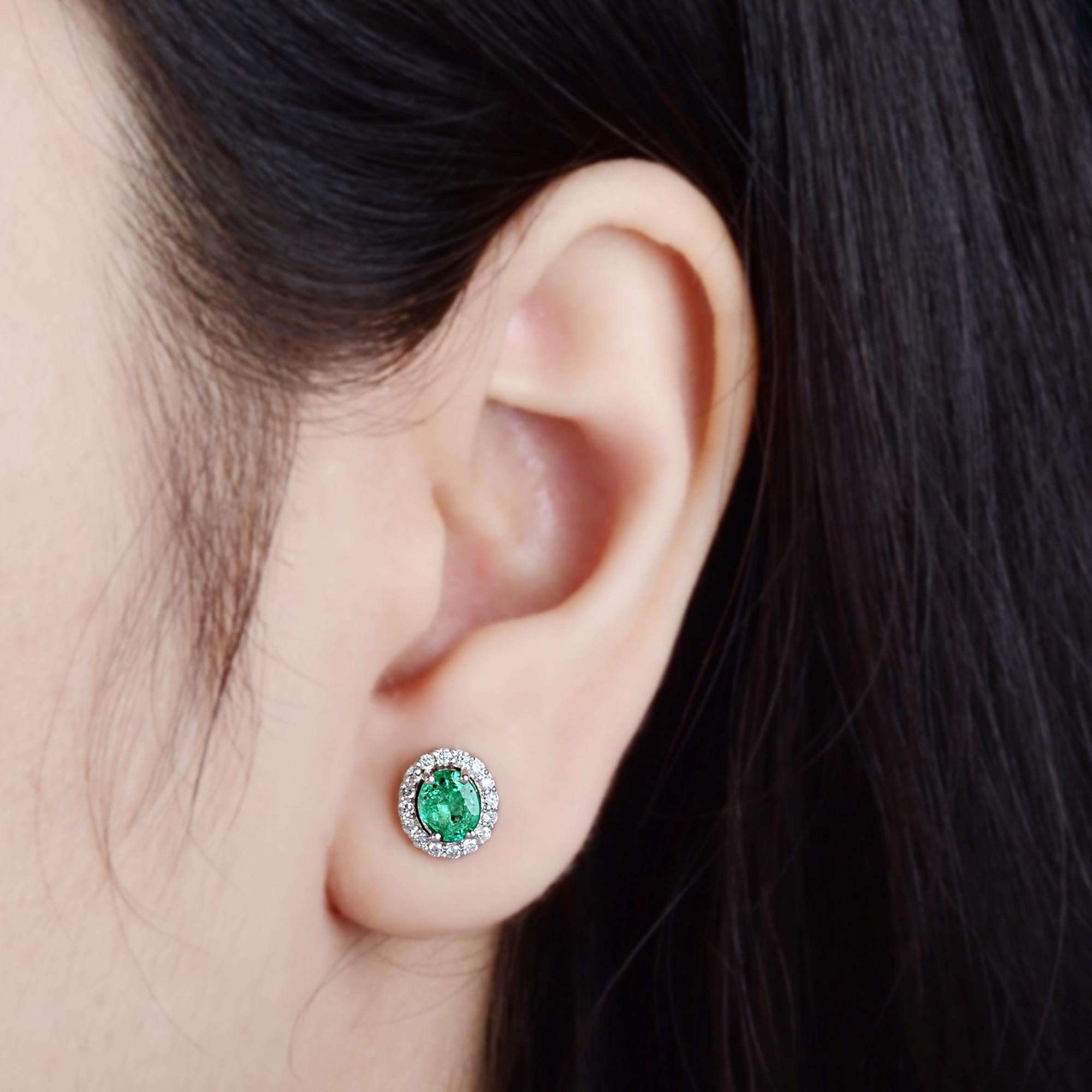 Modern Oval Shape Emerald Gemstone Stud Earrings Diamond 10 Karat White Gold Jewelry For Sale