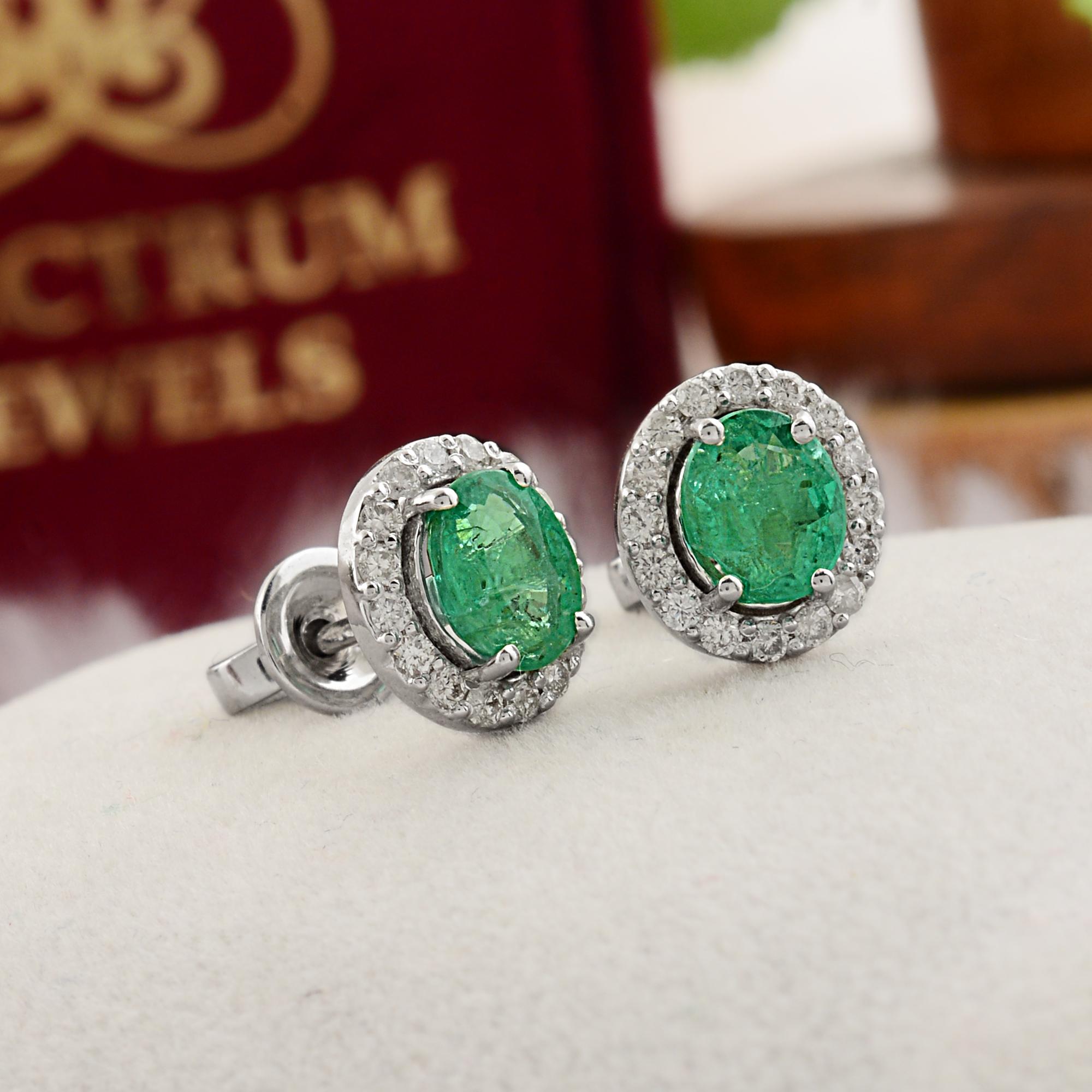 Oval Cut Oval Shape Emerald Gemstone Stud Earrings Diamond 10 Karat White Gold Jewelry For Sale