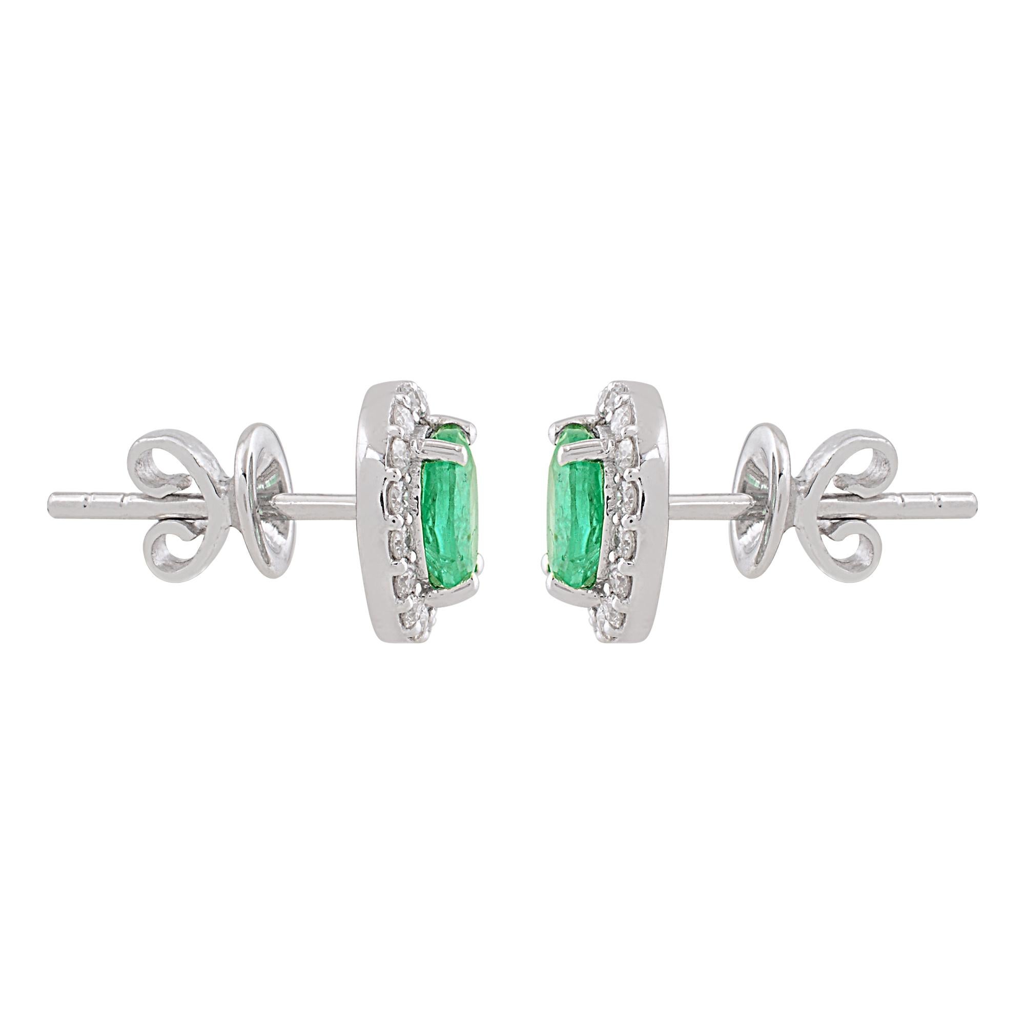 Women's Oval Shape Emerald Gemstone Stud Earrings Diamond 10 Karat White Gold Jewelry For Sale