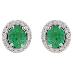 Oval Shape Emerald Gemstone Stud Earrings Diamond 10 Karat White Gold Jewelry
