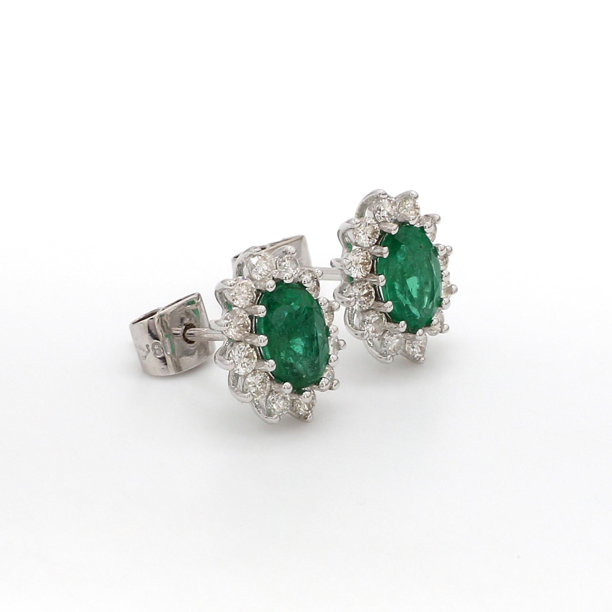 Modern Oval Shape Emerald Gemstone Stud Earrings Diamond 18 Karat White Gold Jewelry For Sale
