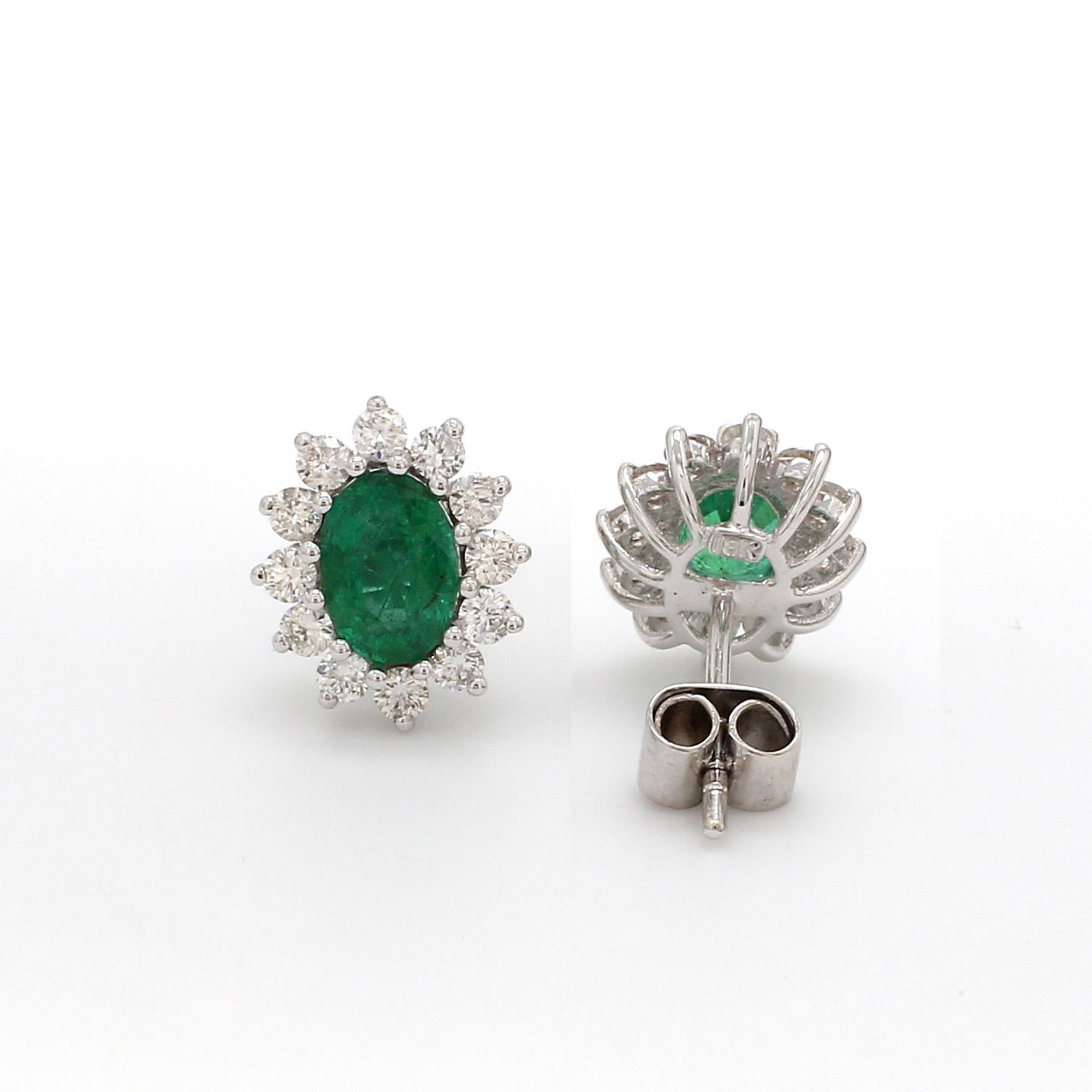 Modern Oval Shape Emerald Gemstone Stud Earrings Diamond 18 Karat White Gold Jewelry For Sale