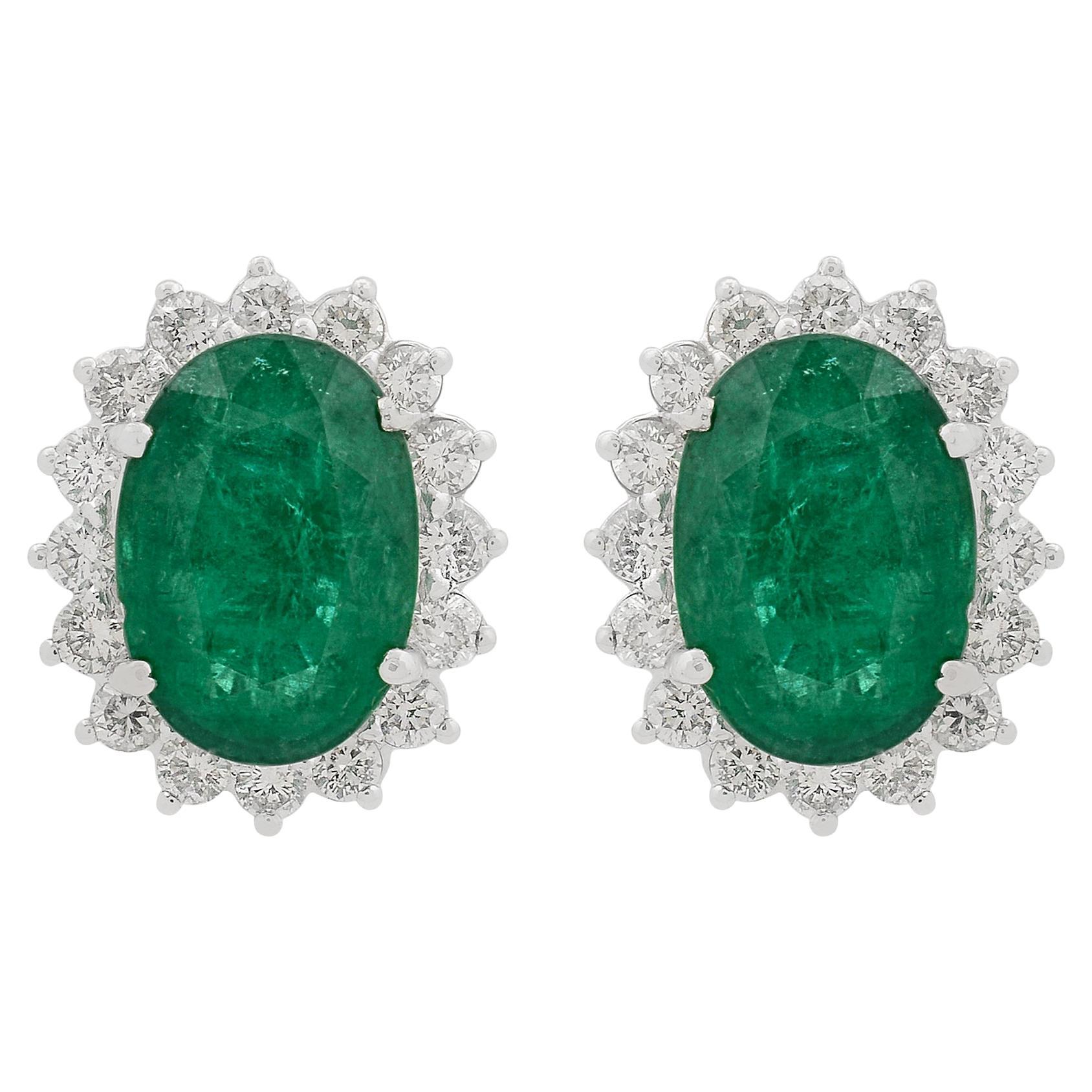 Oval Shape Emerald Gemstone Stud Earrings Diamond 18 Karat White Gold Jewelry
