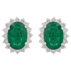 Oval Shape Emerald Gemstone Stud Earrings Diamond 18 Karat White Gold Jewelry