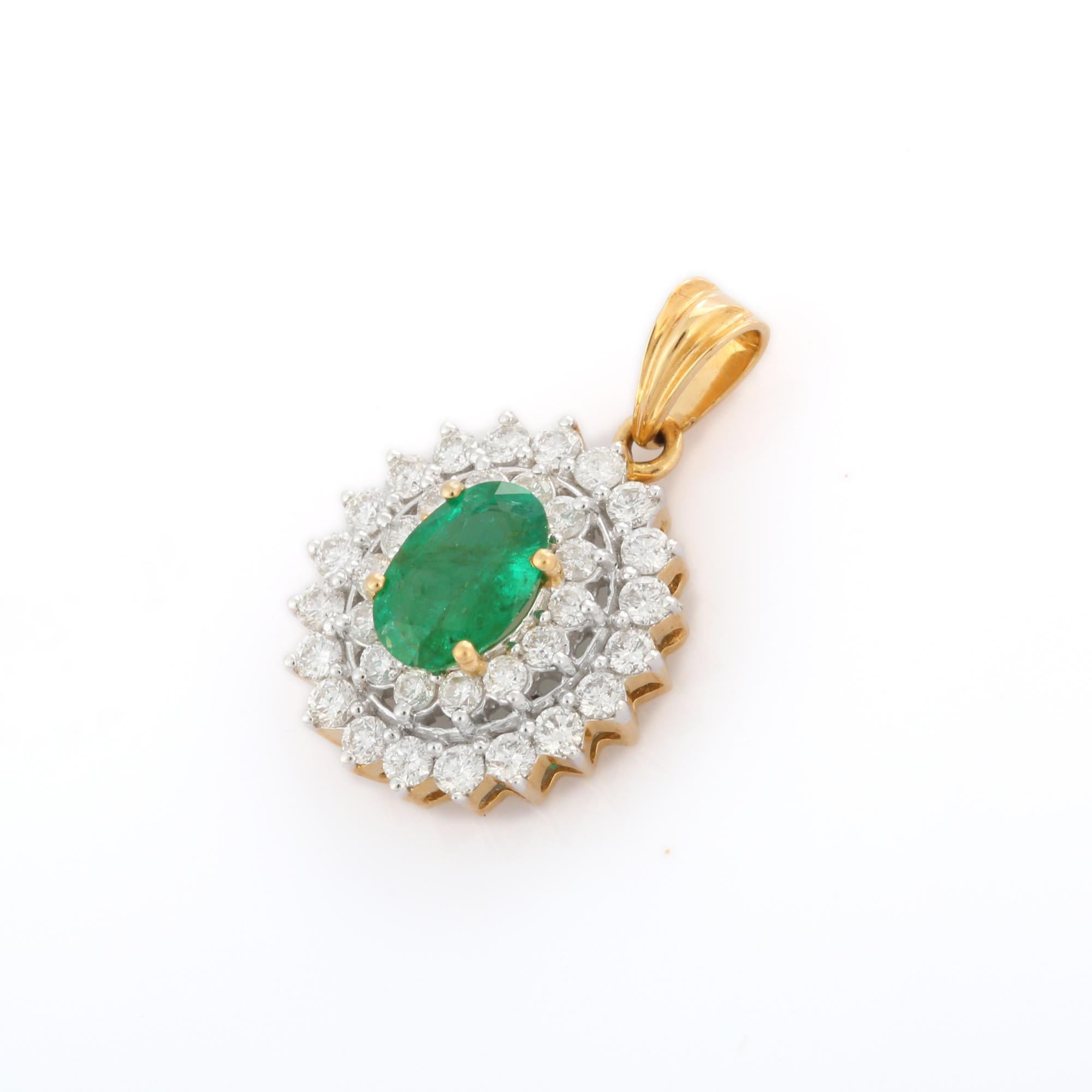 Natural Emerald pendant in 18K Gold. It has a oval cut emerald studded with diamonds that completes your look with a decent touch. Pendants are used to wear or gifted to represent love and promises. It's an attractive jewelry piece that goes with