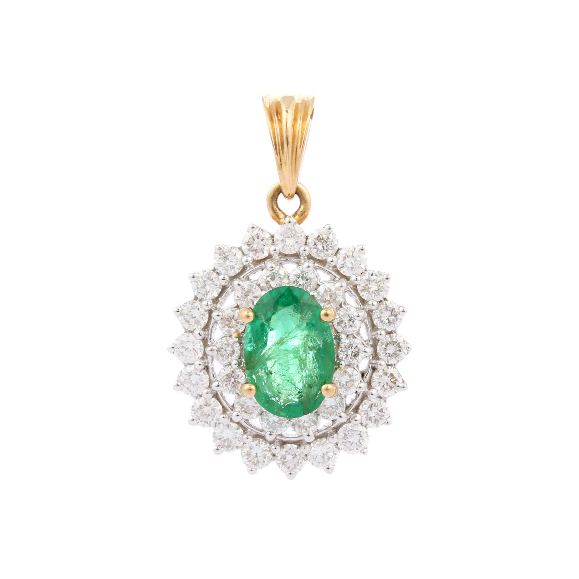 Oval Cut Oval Shape Emerald Pendant with Halo of Diamonds in 18K Yellow Gold For Sale