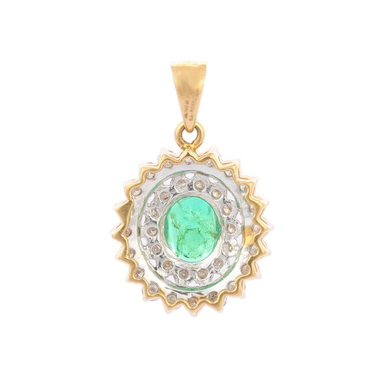Women's Vintage-Inspired Emerald and Diamond Cluster Pendant in 18K Yellow Gold for Her For Sale