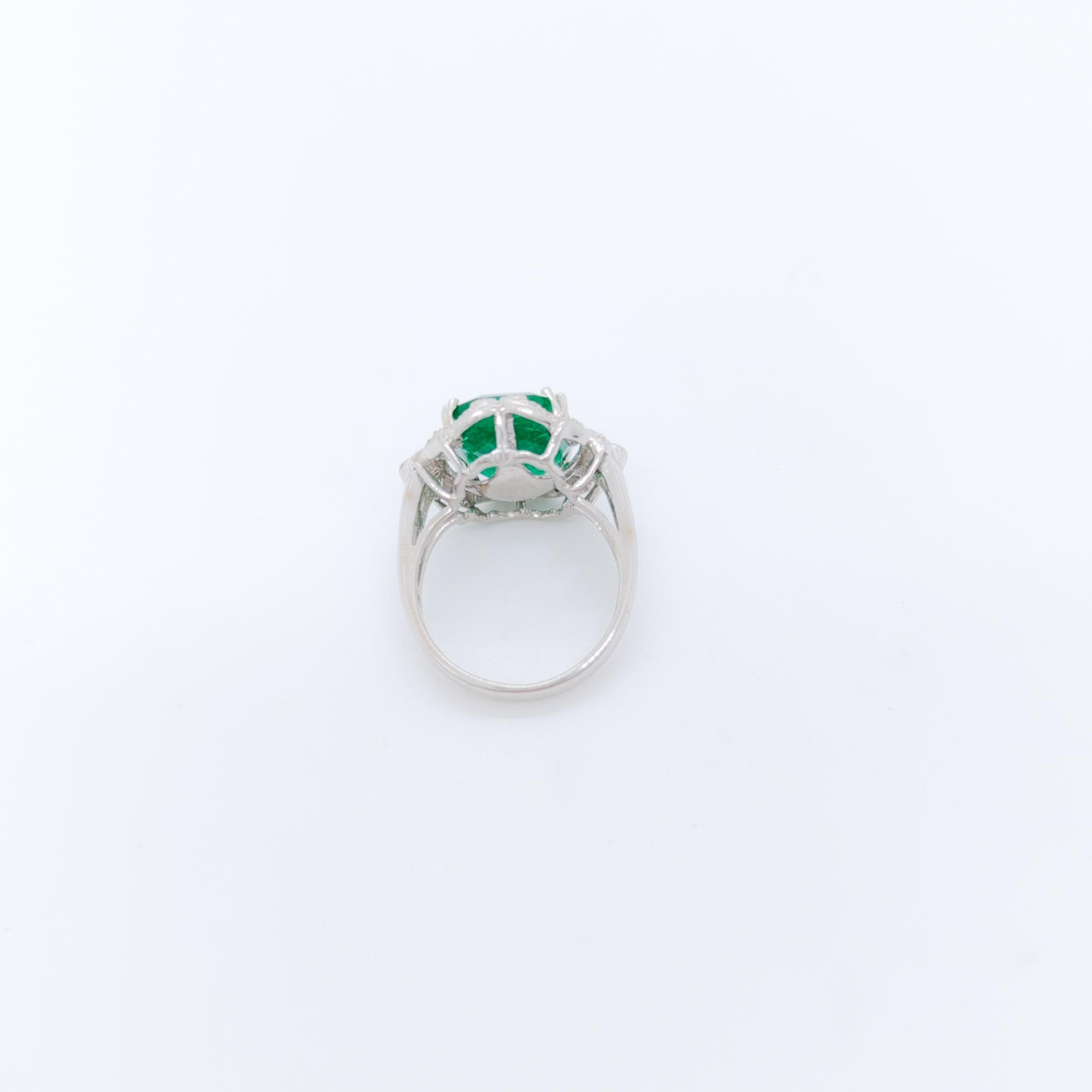 Women's or Men's Oval Shape Emerald & Round Shape Diamond Ring in 18K White Gold For Sale