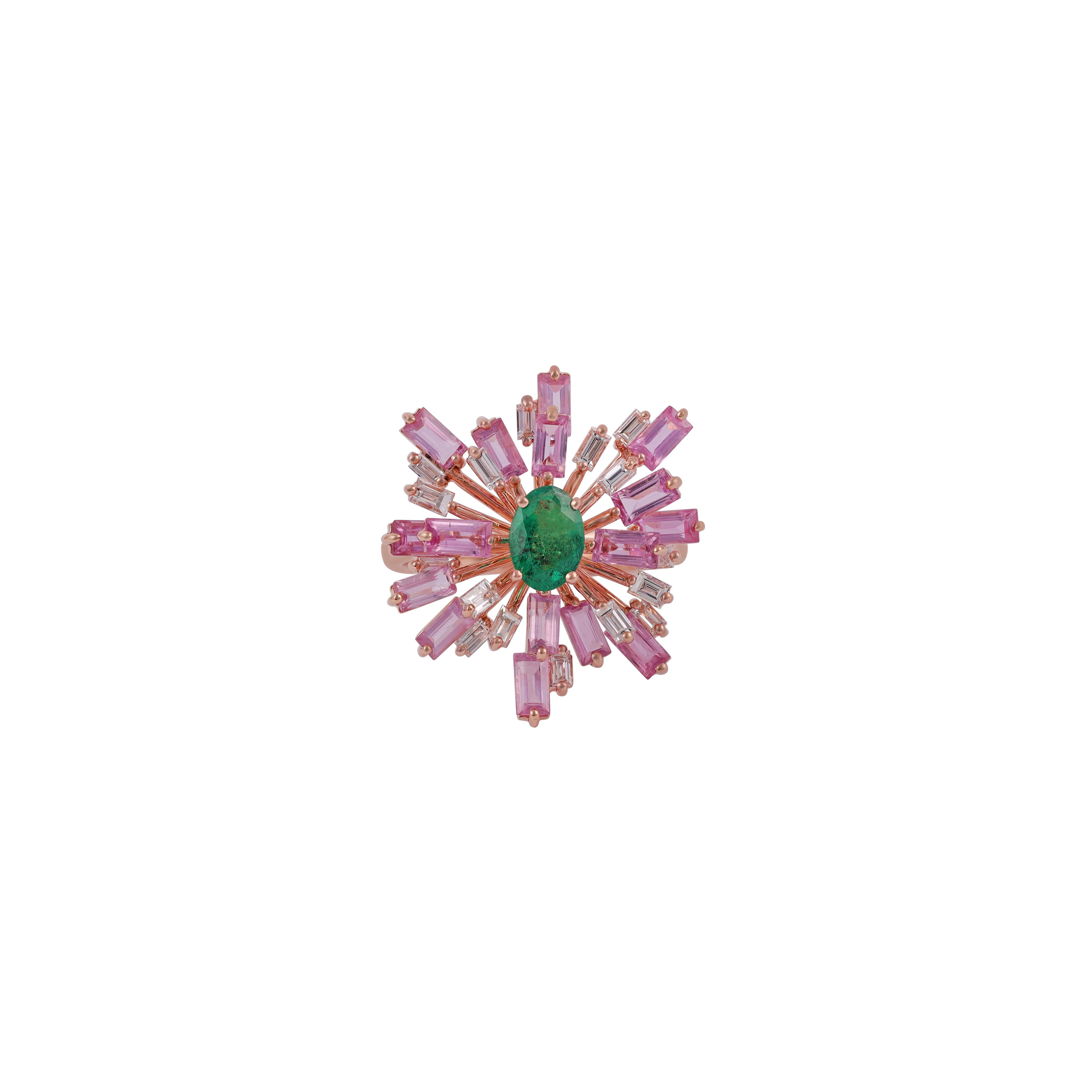 1 Oval shape Emerald with Diamond Ring Studded in 18k Rose Gold
1 Oval shape Emerald in 0.63 CTS
16 Pink Sapphire Baguettes in 2.78 CTS
16 Diamond Baguettes in 0.52 CTS
18 K Rose Gold in 5.2 GMS

Custom Services
Resizing is available.
Request