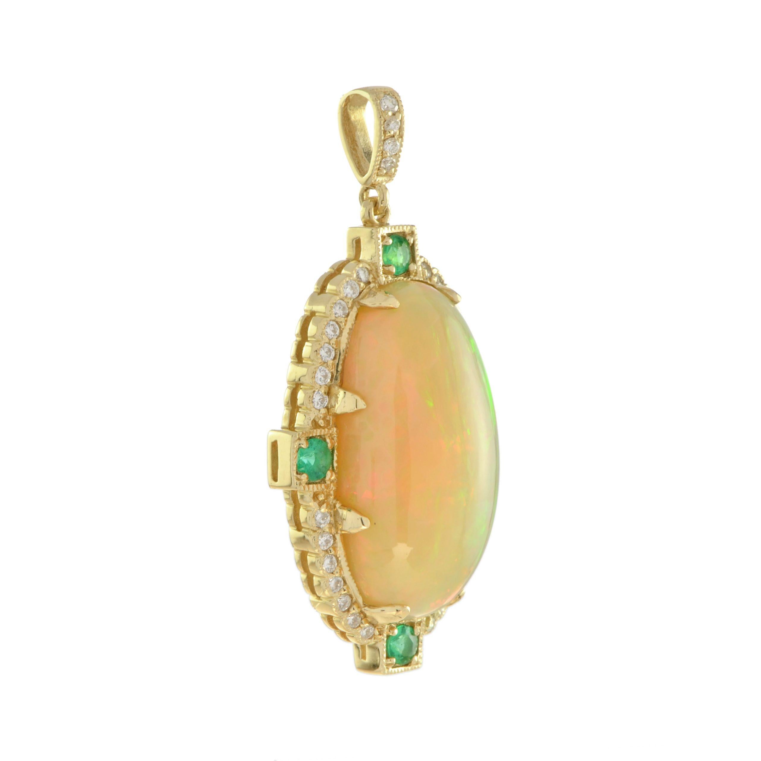 A magnificent antique style yellow gold pendant, this natural Ethiopian opal pendant has natural emerald and diamonds accents. The oval shaped opal weight of 7.94 carats and is prong set. It is framed by thirty-two diamonds and four emeralds that