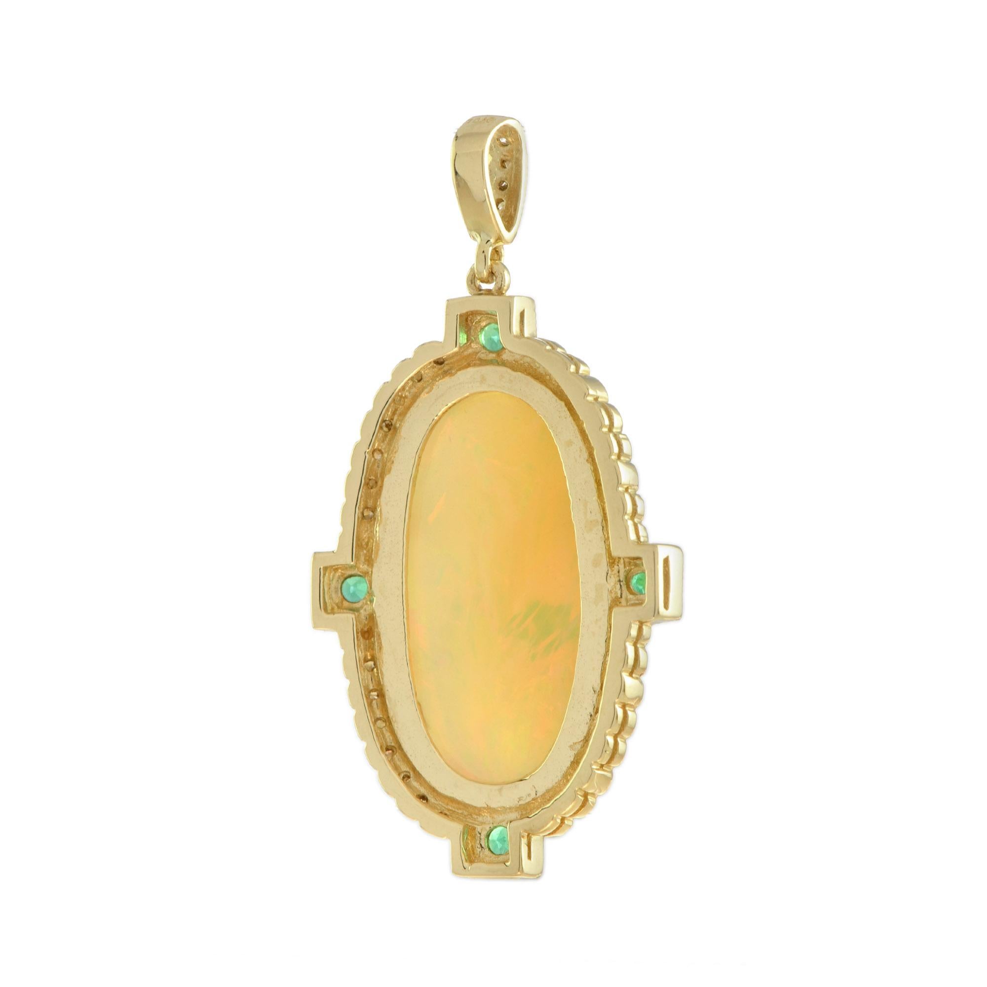 Oval Cut Oval Shape Ethiopian Opal & Diamond Emerald Halo 14K Yellow Gold Pendant For Sale
