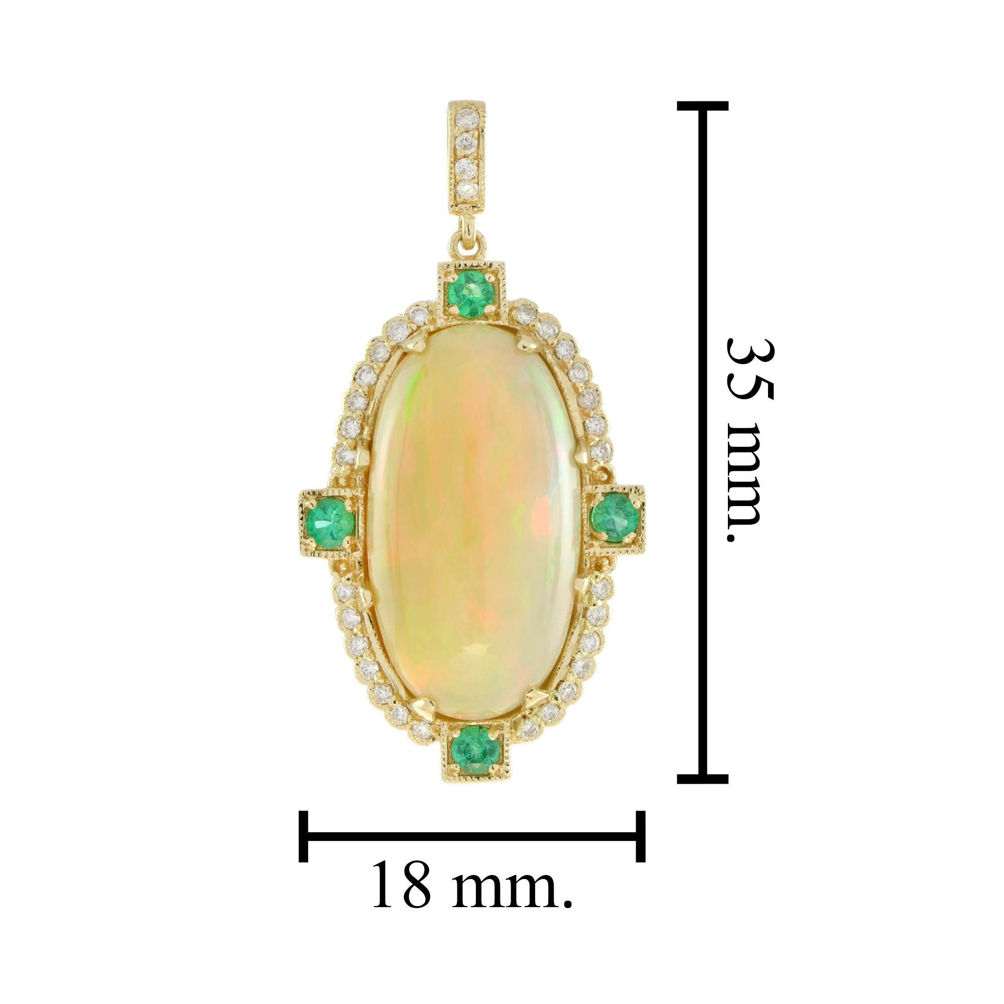 Oval Shape Ethiopian Opal & Diamond Emerald Halo 14K Yellow Gold Pendant In New Condition For Sale In Oakton, VA