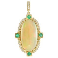 Oval Shape Ethiopian Opal & Diamond Emerald Halo 14K Yellow Gold Pendant