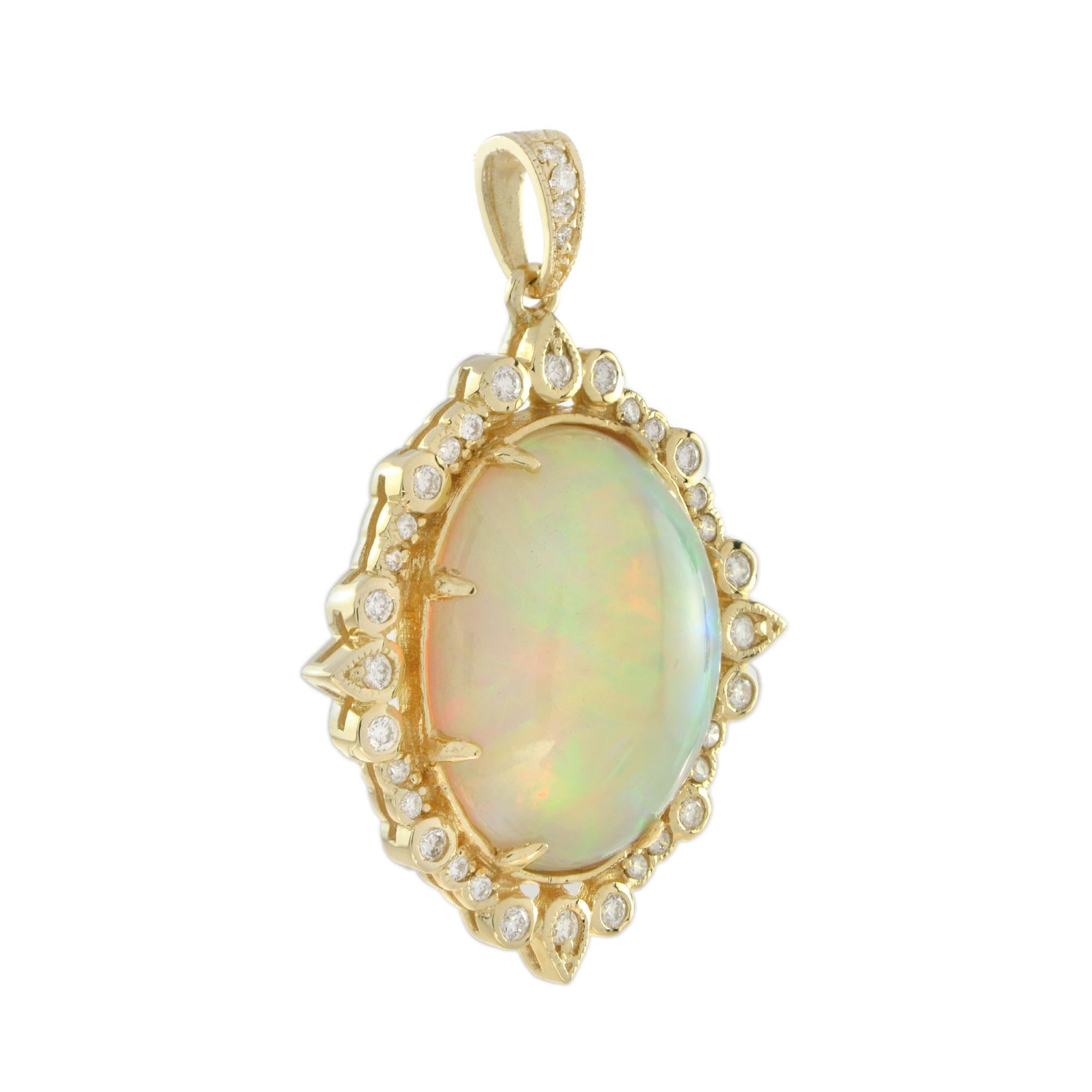 Artfully fabricated, the enchanting gemstone is suffused with gorgeous electric pastel hues of green, orange, and lavender. The opal is framed in a luxury design aglitter with 0.39 carats of small round diamonds. 14K Yellow Gold.
Information
Style: