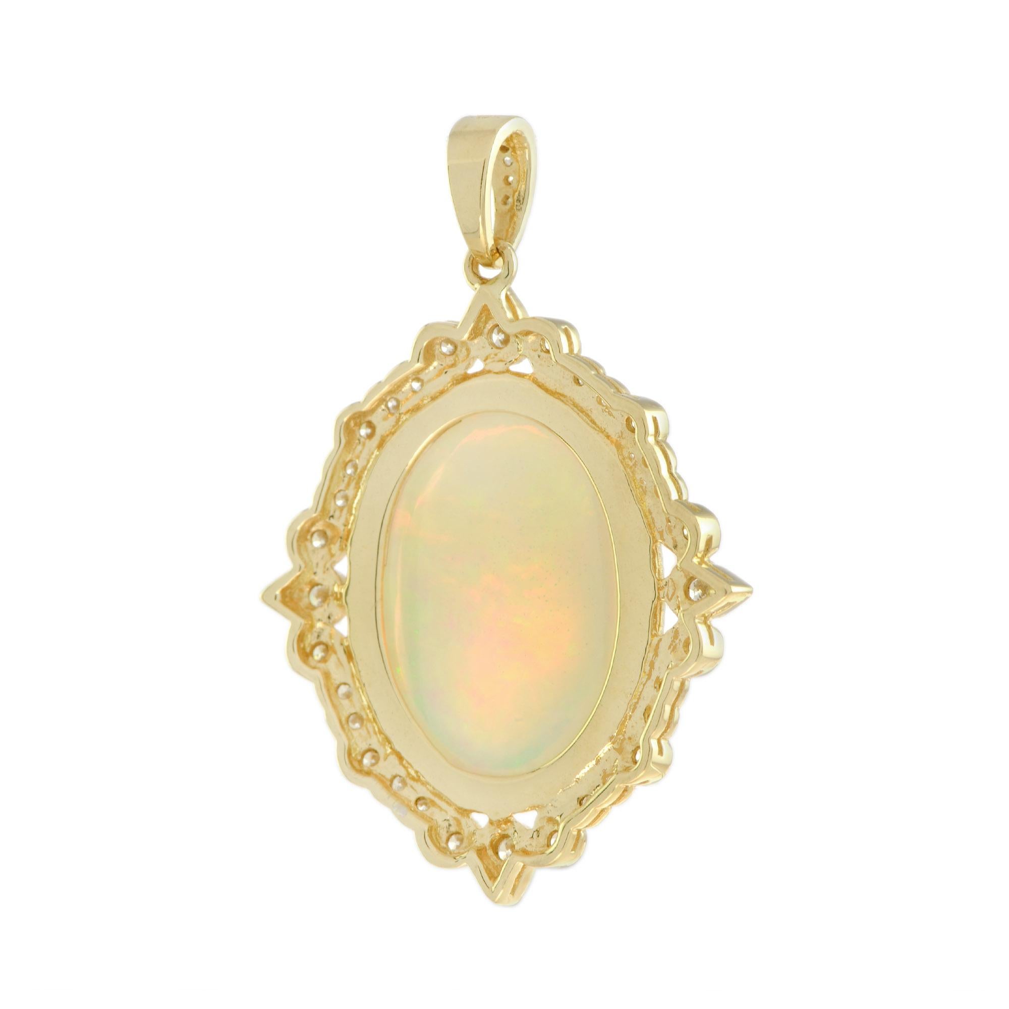 Oval Cut Oval Shape Ethiopian Opal & Diamond Halo 14K Yellow Gold Pendant For Sale