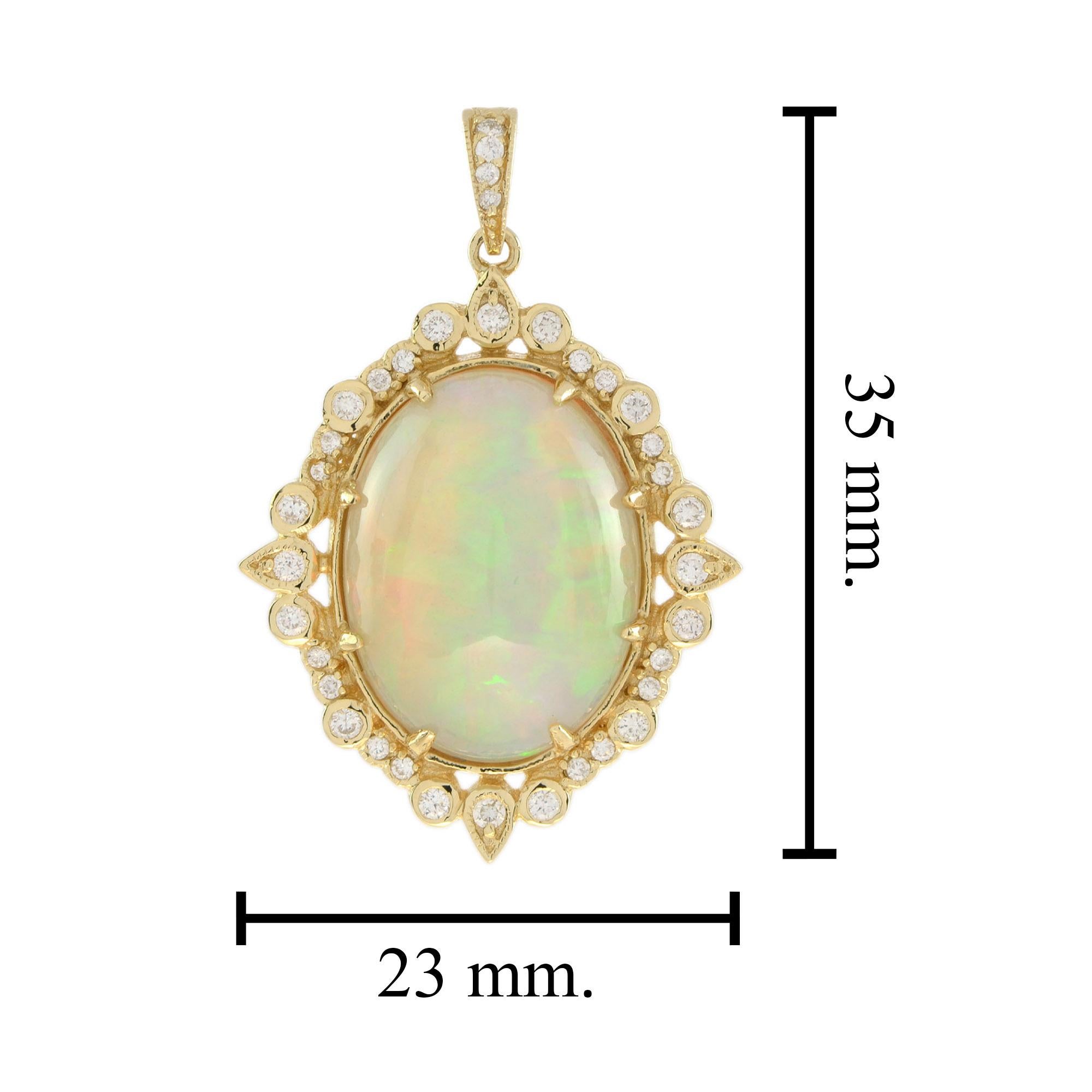 Oval Shape Ethiopian Opal & Diamond Halo 14K Yellow Gold Pendant In New Condition For Sale In Oakton, VA