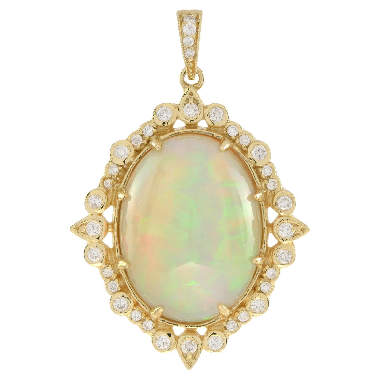 Oval Shape Ethiopian Opal & Diamond Halo 14K Yellow Gold Pendant