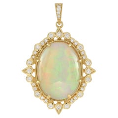 Oval Shape Ethiopian Opal & Diamond Halo 14K Yellow Gold Pendant