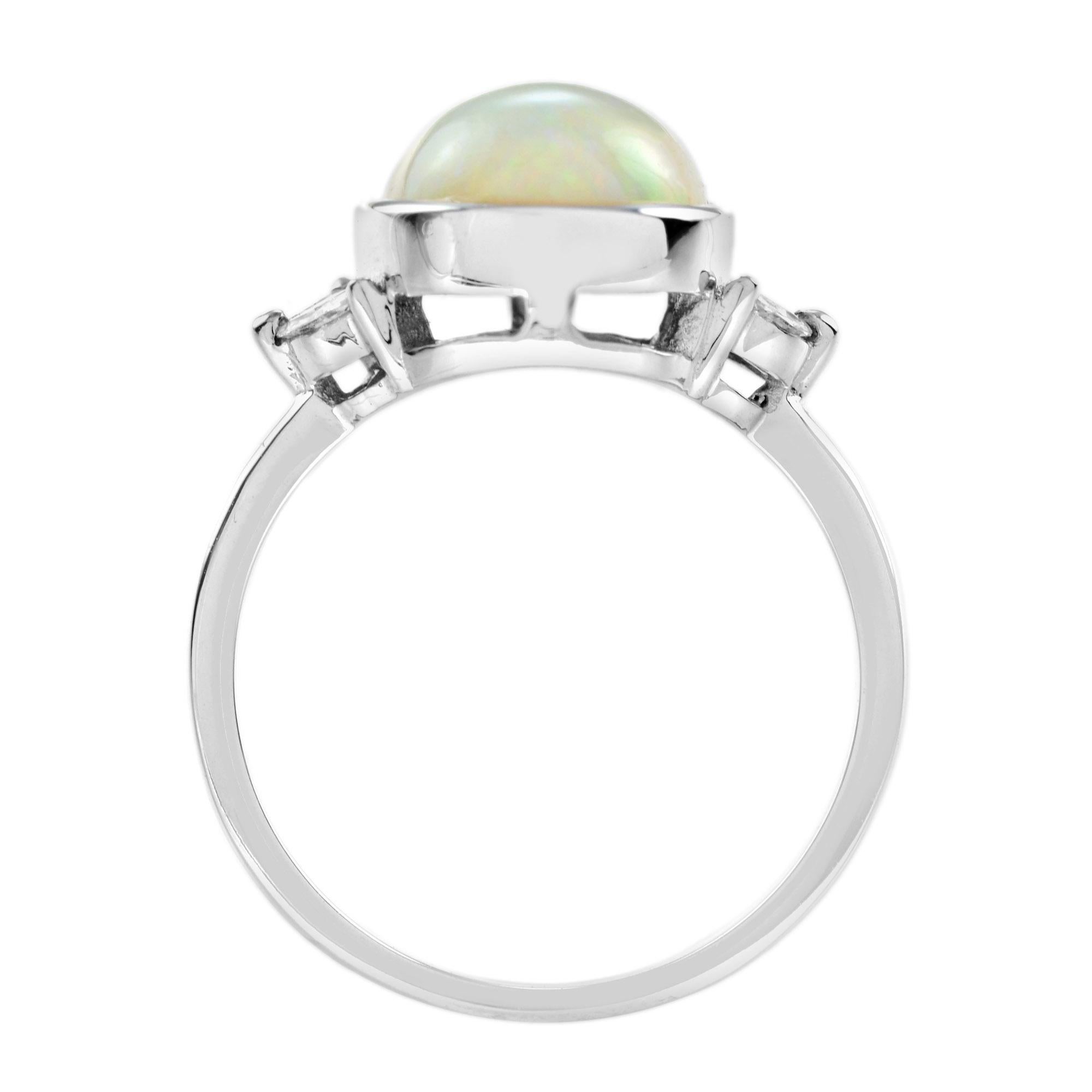 Oval Shape Ethiopian Opal & Diamond Solitaire 14K White Gold Statement Ring In New Condition For Sale In Oakton, VA