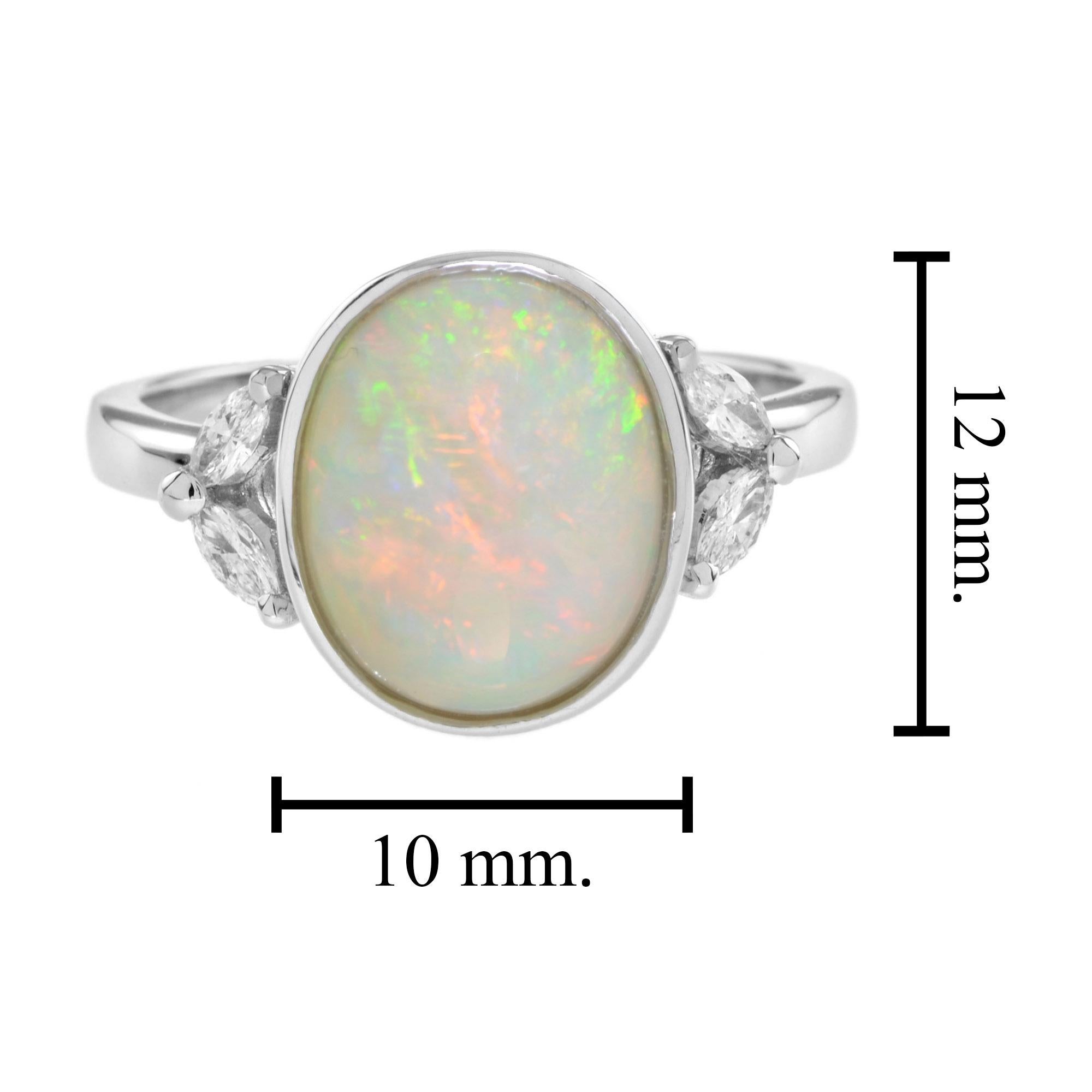 Women's or Men's Oval Shape Ethiopian Opal & Diamond Solitaire 14K White Gold Statement Ring For Sale