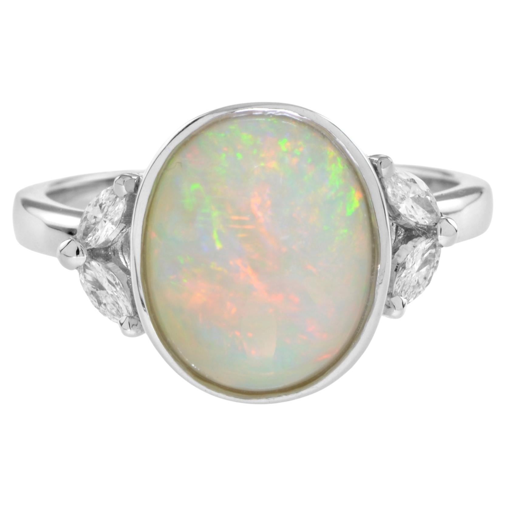 Oval Shape Ethiopian Opal & Diamond Solitaire 14K White Gold Statement Ring For Sale