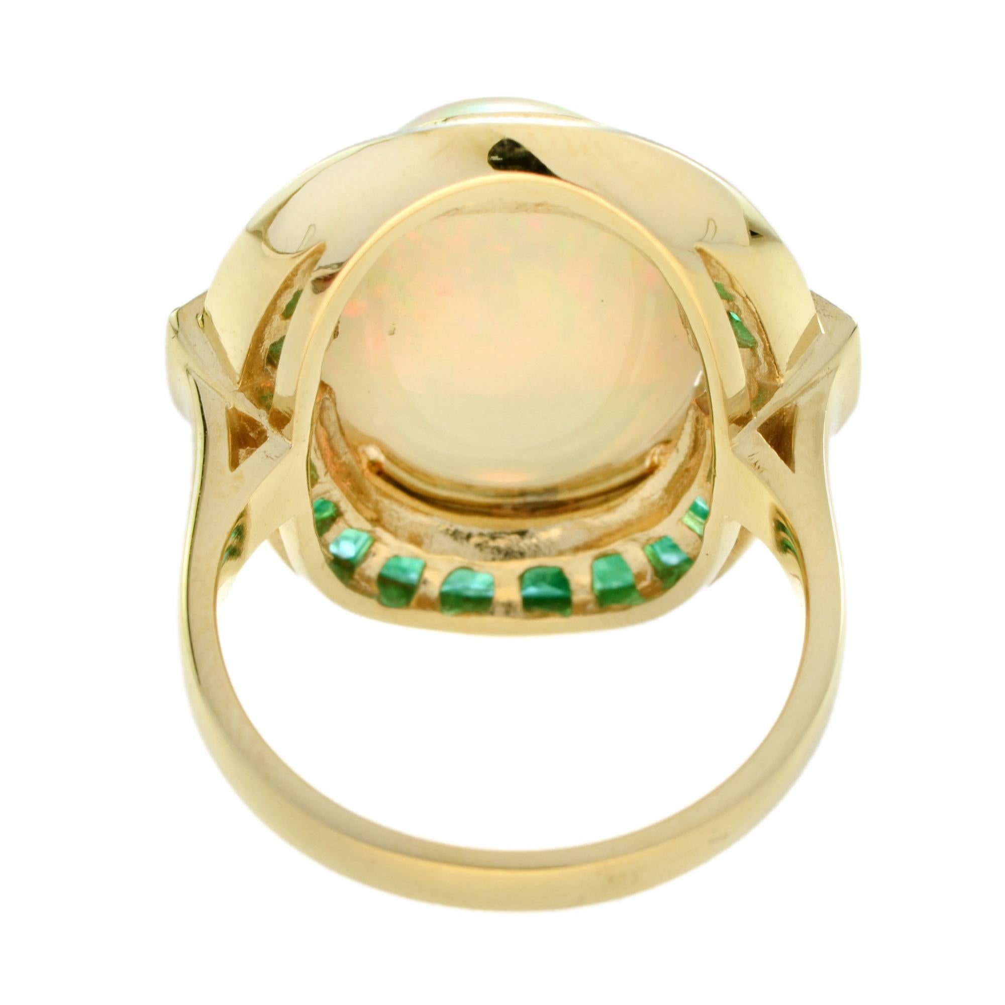 Cabochon Oval Shape Ethiopian Opal & Emerald Sapphire Halo Set 18K Yellow Gold Ring For Sale