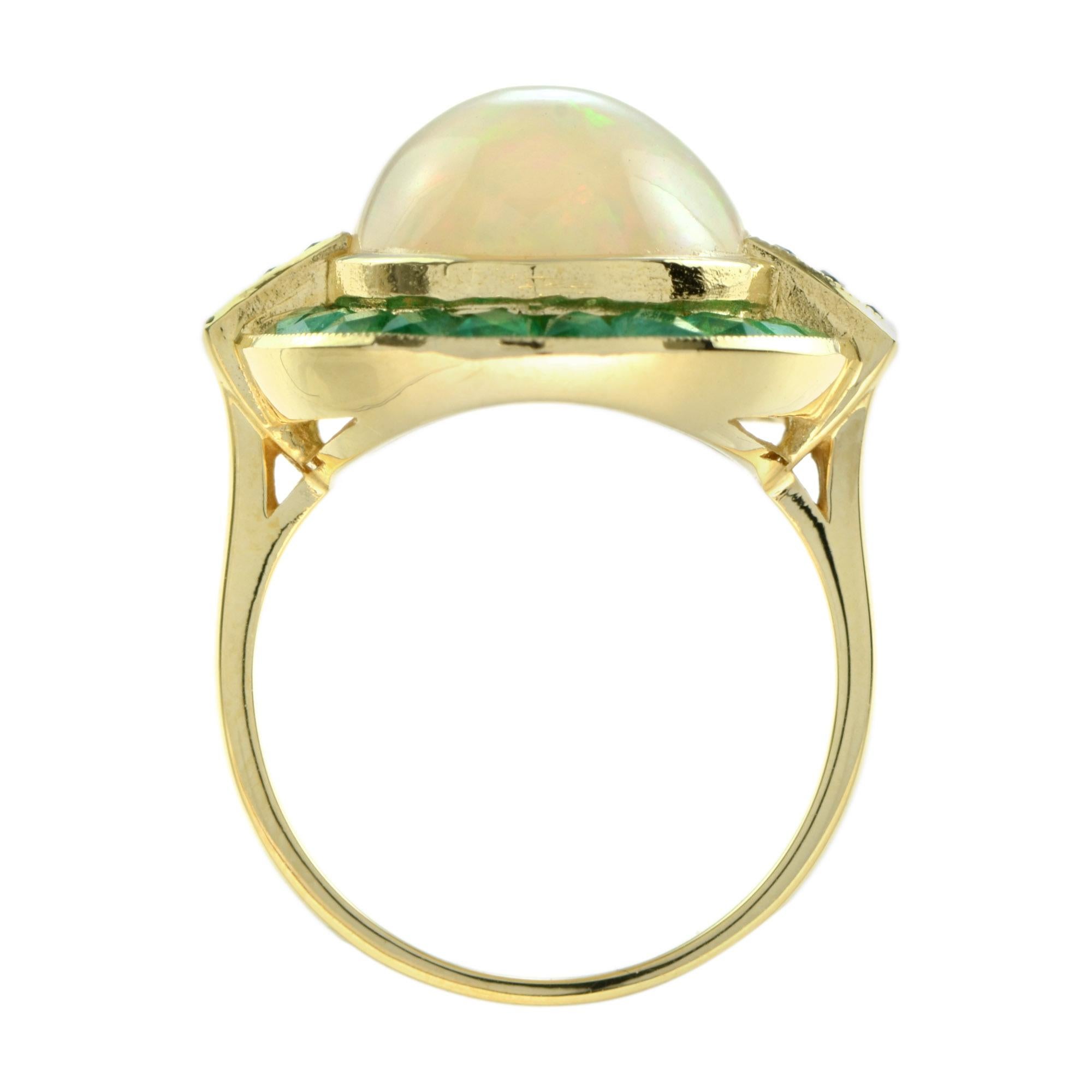 Oval Shape Ethiopian Opal & Emerald Sapphire Halo Set 18K Yellow Gold Ring In New Condition For Sale In Oakton, VA