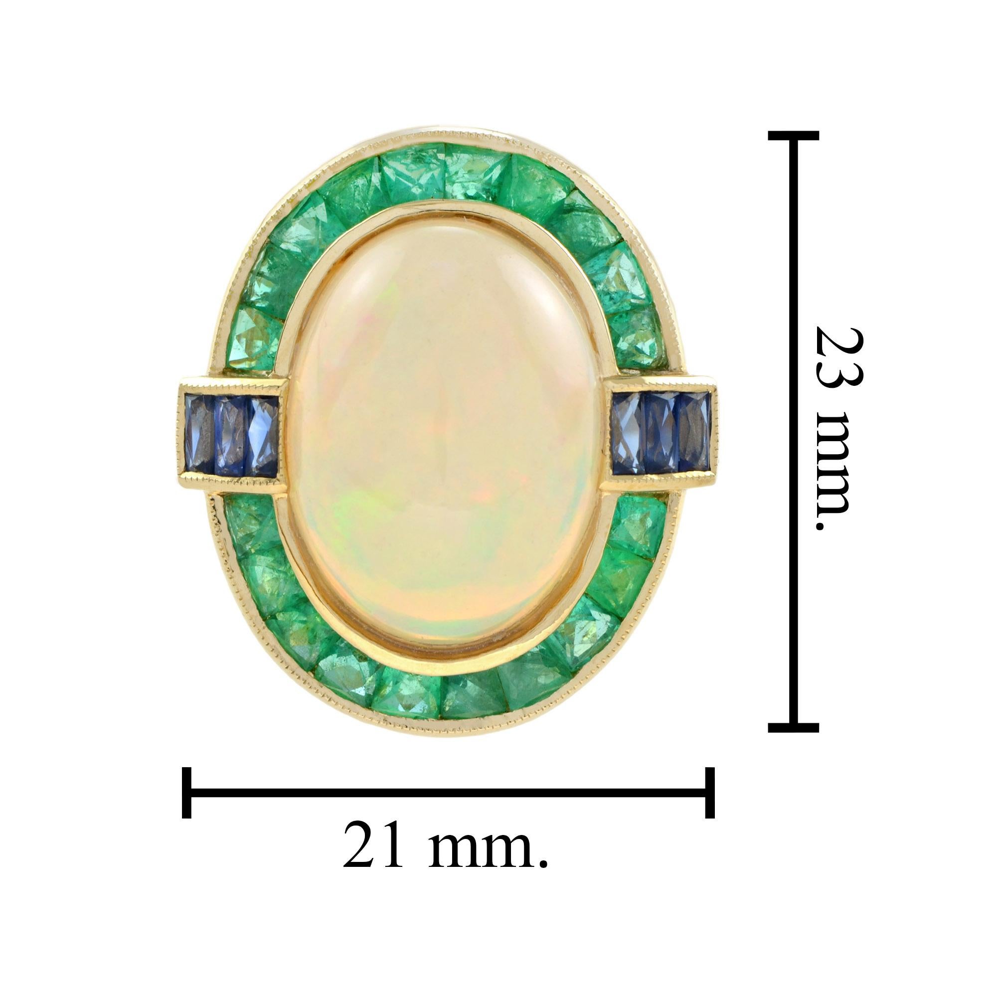 Women's Oval Shape Ethiopian Opal & Emerald Sapphire Halo Set 18K Yellow Gold Ring For Sale