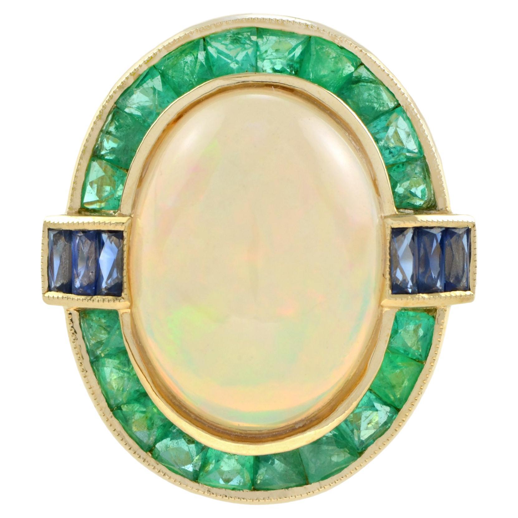 Oval Shape Ethiopian Opal & Emerald Sapphire Halo Set 18K Yellow Gold Ring