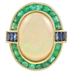 Oval Shape Ethiopian Opal & Emerald Sapphire Halo Set 18K Yellow Gold Ring
