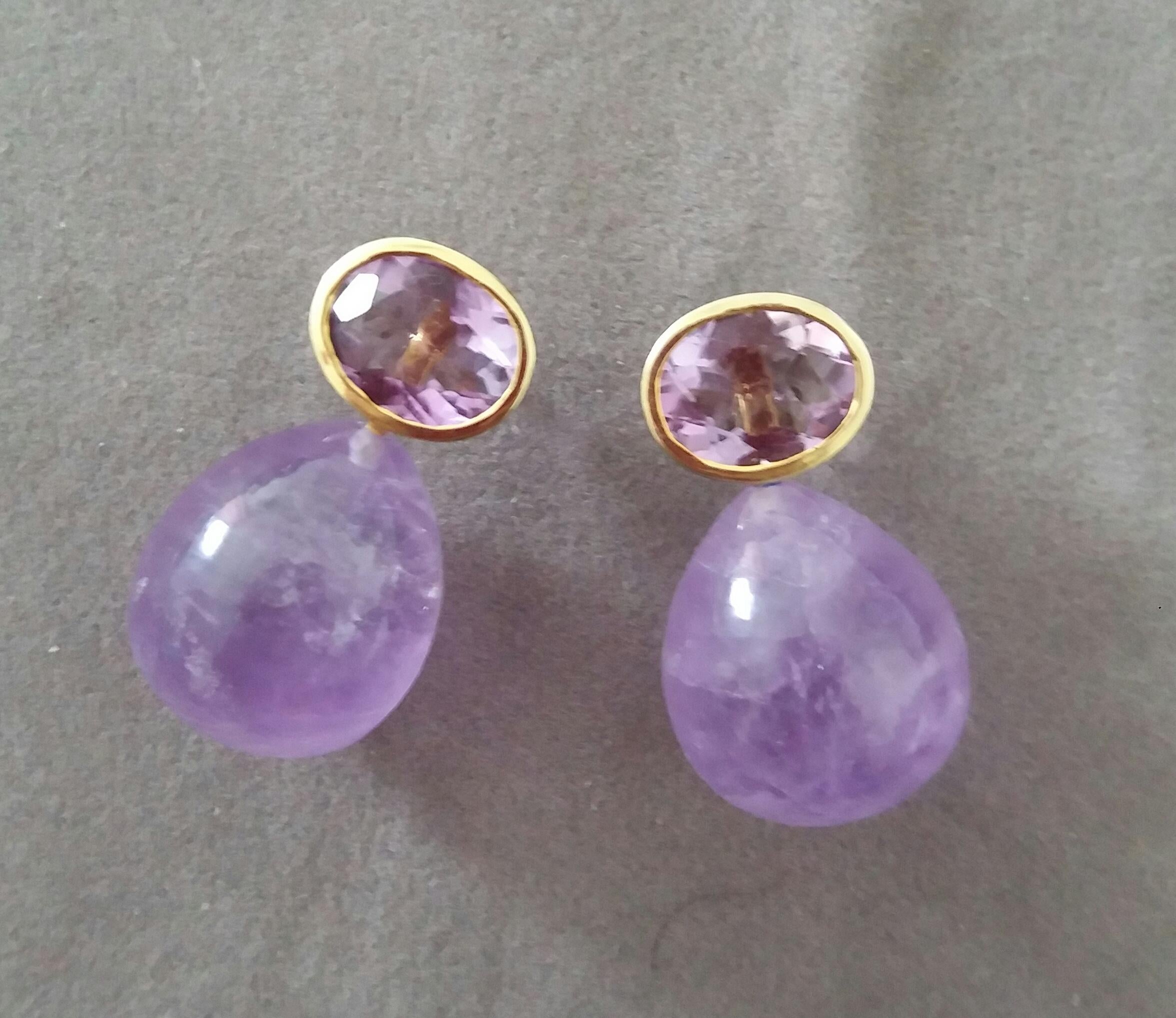 Arts and Crafts Oval Shape Faceted Amethyst 14K Yellow Gold Amethyst Plain Round Drop Earrings For Sale
