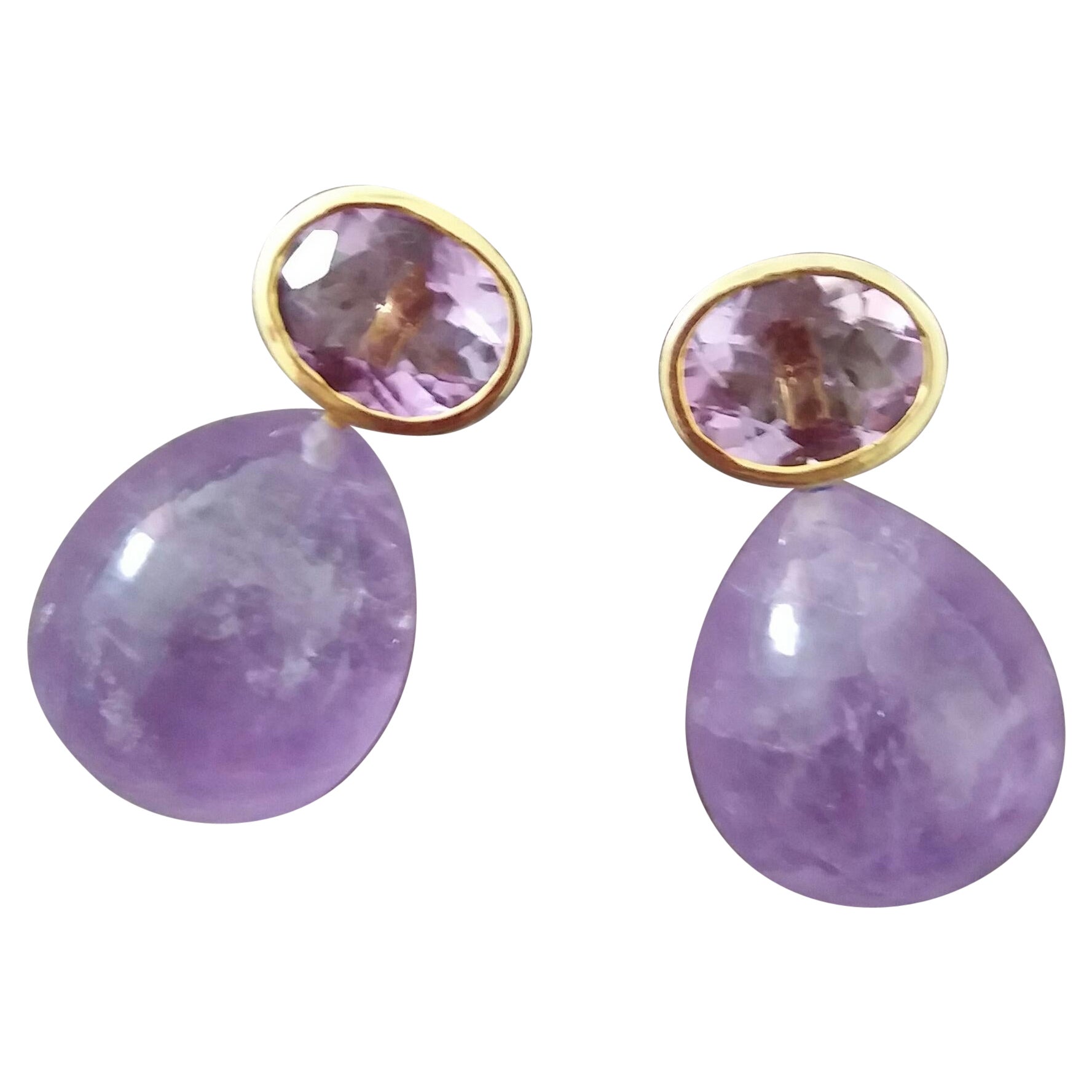 Oval Shape Faceted Amethyst 14K Yellow Gold Amethyst Plain Round Drop Earrings