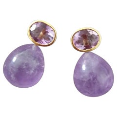 Oval Shape Faceted Amethyst 14K Yellow Gold Amethyst Plain Round Drop Earrings