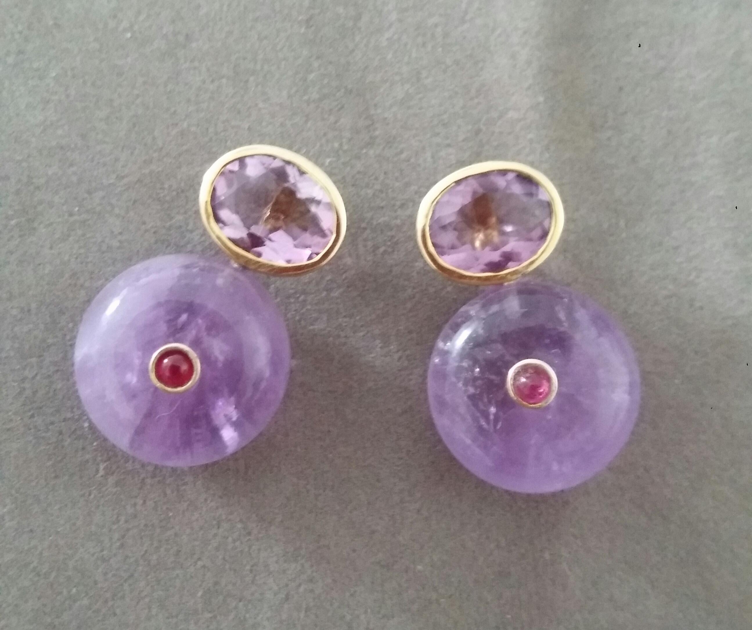 Arts and Crafts Oval Shape Faceted Amethyst Ruby 14K Gold Wheel Shape Amethyst Stud Earrings For Sale